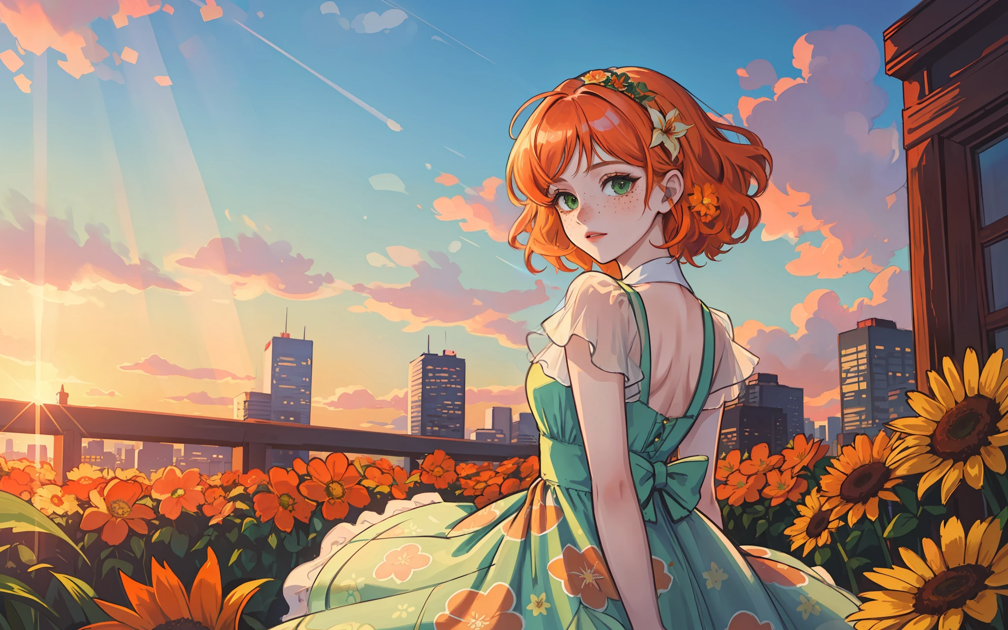 masterpiece portrait of a woman in Montreal at dawn, cute orange curly hair, green eyes, freckles, floral print, dress, dawn, neon, rays of light, caustic, lens reflection, ((solo)), ishmael_limbus