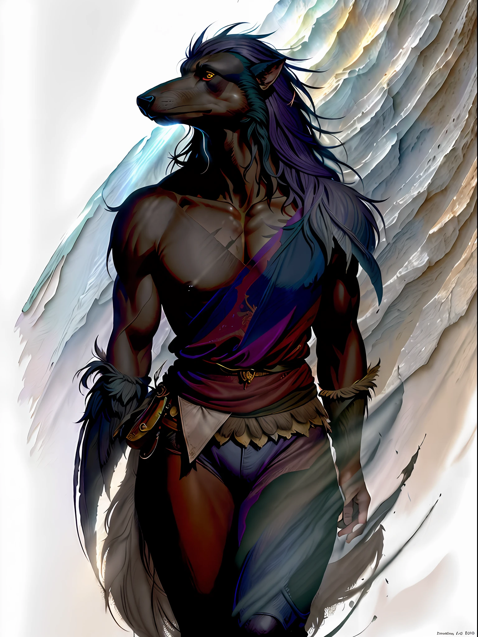 Brian Froud style, oil painting, chiaroscuro, comic style, A hybrid creature with the body and head of a wolf but the feathers and tail of a raven, on (cold pressed 300g/m² cotton paper), dynamic, highly detailed, artstation, concept art, smooth, sharp focus, illustration, art by John William Waterhouse, details by Carl Larsson, detailed cavern background, 60-30-10 color rule, warm tones, rays of light, studio lighting, white background, pastel colors