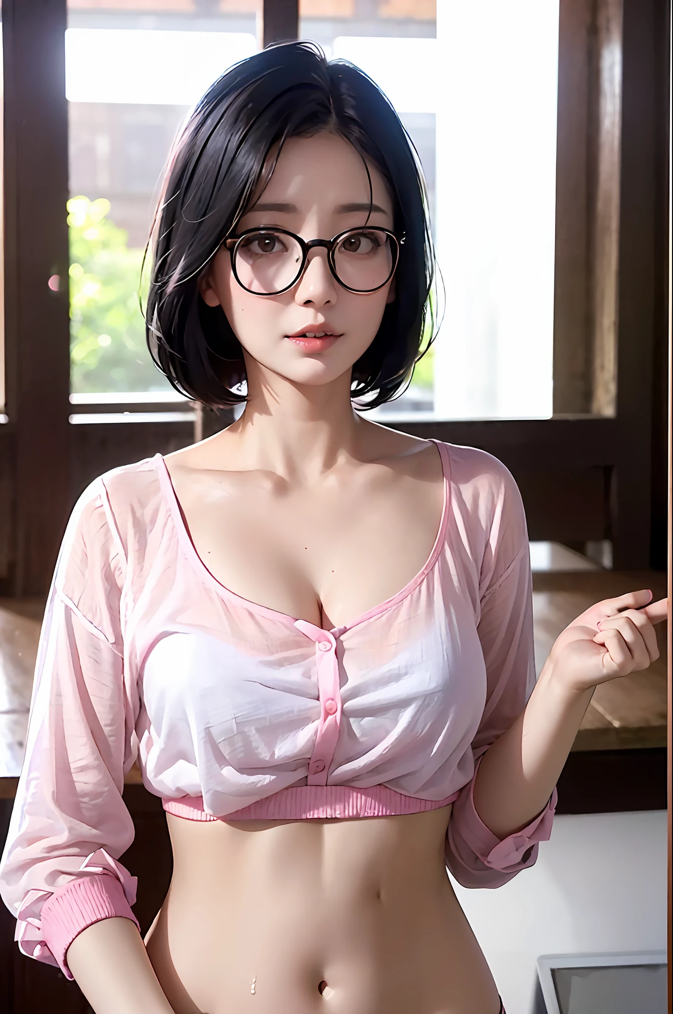 ((1womam, 40 years old)), ((European)), teacher, (very short black hair), nerd glasses, pink lips, pink skin, white blouse, glass windows and rustic wood, (PureErosFace_V1:0.7), bottom angle, Alex Maleev, 8k wallpaper, by Robert Capa