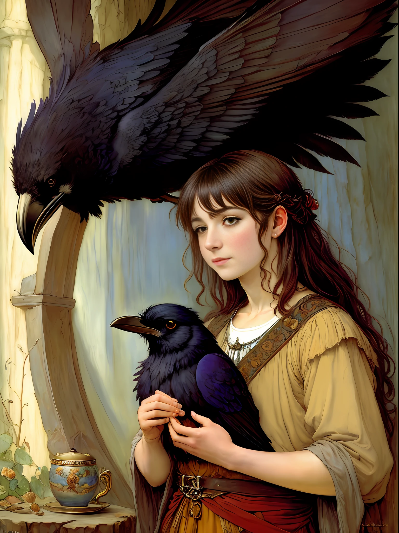 Brian Froud style, oil painting, chiaroscuro, comic style, A hybrid creature with the body and head of a wolf but the feathers and tail of a raven, on (cold pressed 300g/m² cotton paper), dynamic, highly detailed, artstation, concept art, smooth, sharp focus, illustration, art by John William Waterhouse, details by Carl Larsson, detailed cavern background, 60-30-10 color rule, warm tones, rays of light, studio lighting, white background, pastel colors