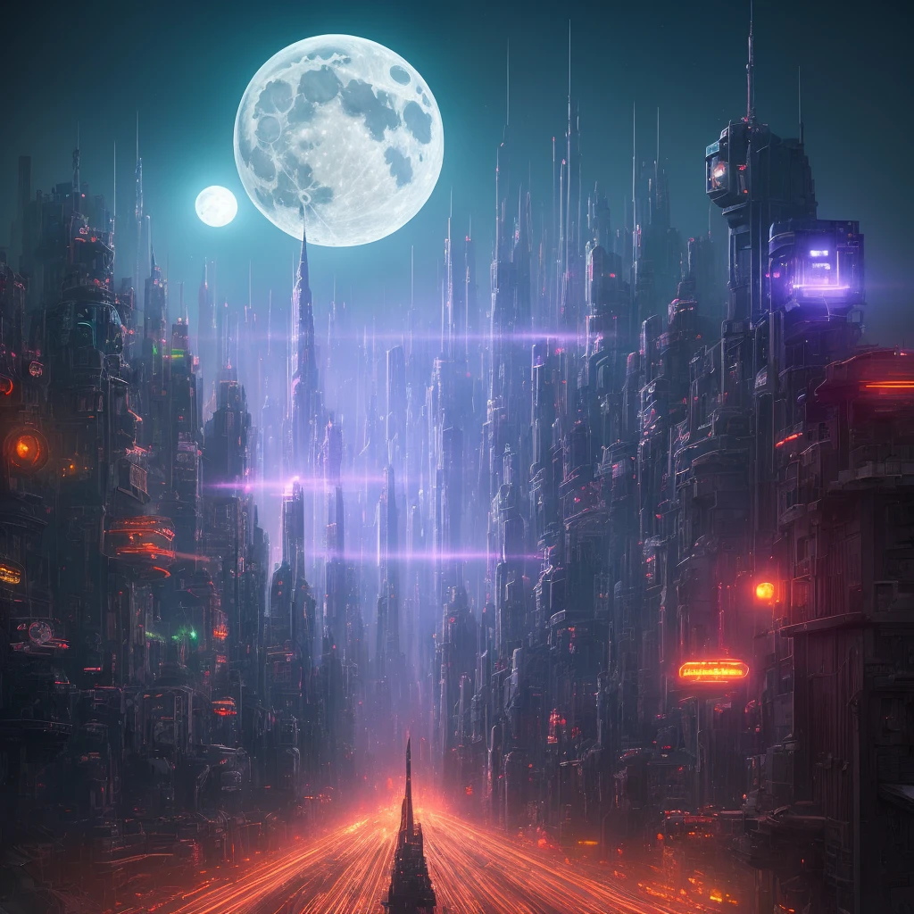 (highly detailed:1.2),(best quality:1.2),(8k:1.0),(emb-rrf-low:1.0),sharp focus,(award-winning photograph:1.2), (subsurface scattering:1.1), Futuristic cityscape with towering skyscrapers, neon-lit streets, flying cars, holographic billboards, and a full moon backdrop, by Robert Broomfield, 3D art, photorealistic, hyper-detailed, dystopian, trending on ArtStation, cinematic lighting, sci-fi, and fantasy.