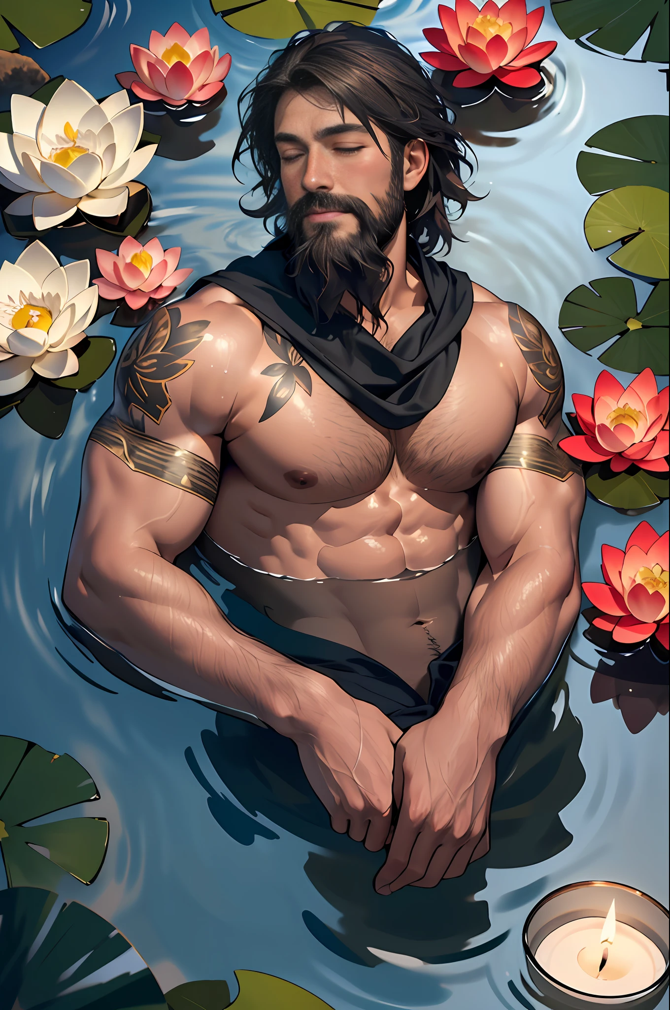 Best quality, masterpiece,ultra high res,detailed background,realistic,Ophelia in the Water,from above,closed eyes,1man,solo,male,muscular,mature male,facial hair,beard,short hair,lying,lotus,candle,water,real shadow and light,depth of field