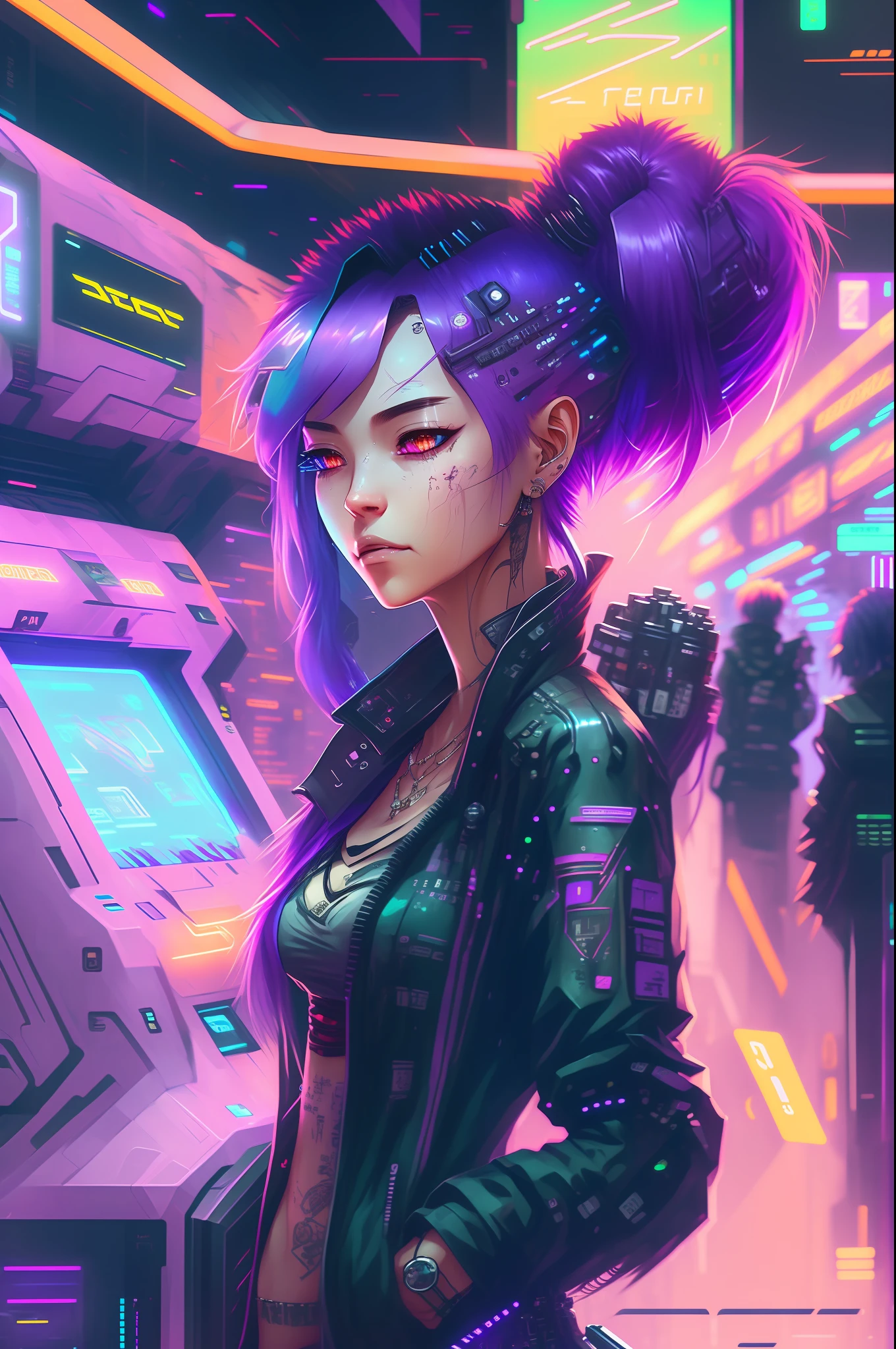 a woman with purple hair standing in front of a atm machine, cyberpunk art style, digital cyberpunk anime art, anime cyberpunk art, cyberpunk themed art, digital cyberpunk - anime art, cyberpunk anime art, detailed cyberpunk illustration, cyberpunk artstyle, modern cyberpunk anime, cyberpunk illustration, cyberpunk vibes, dreamy cyberpunk girl, cyberpunk art, the cyberpunk girl portrait, high quality cyberpunk art