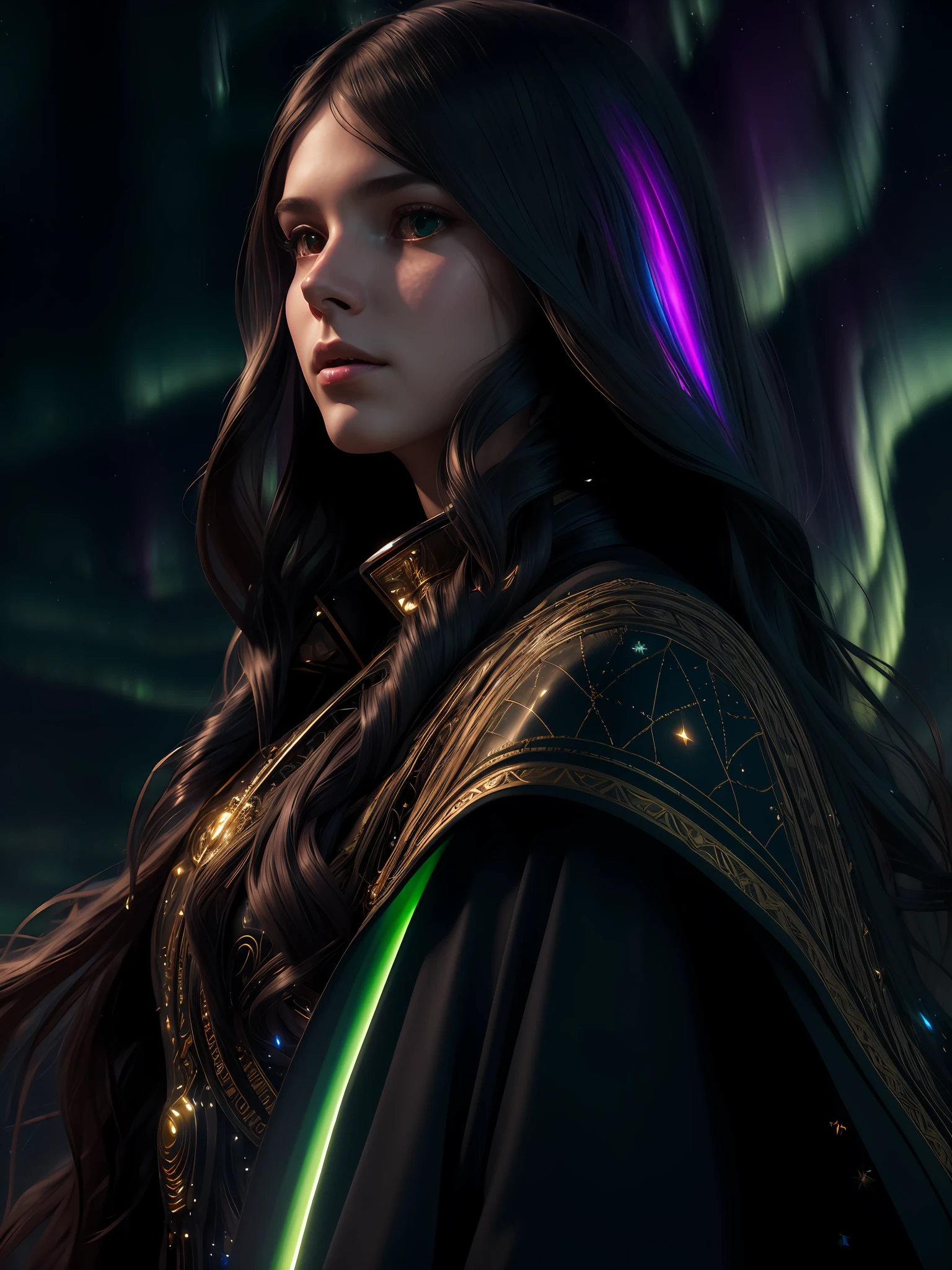 (dark dim dramatic atmosphere)+ 8k portrait aurora, girl with super long hair, hair dissolving into bright stars, in drip modern clothing, intricate, highly detailed, digital painting, smooth, sharp focus, illustration, unreal engine 5, 8 k, art by artgerm and greg rutkowski and alphonse mucha