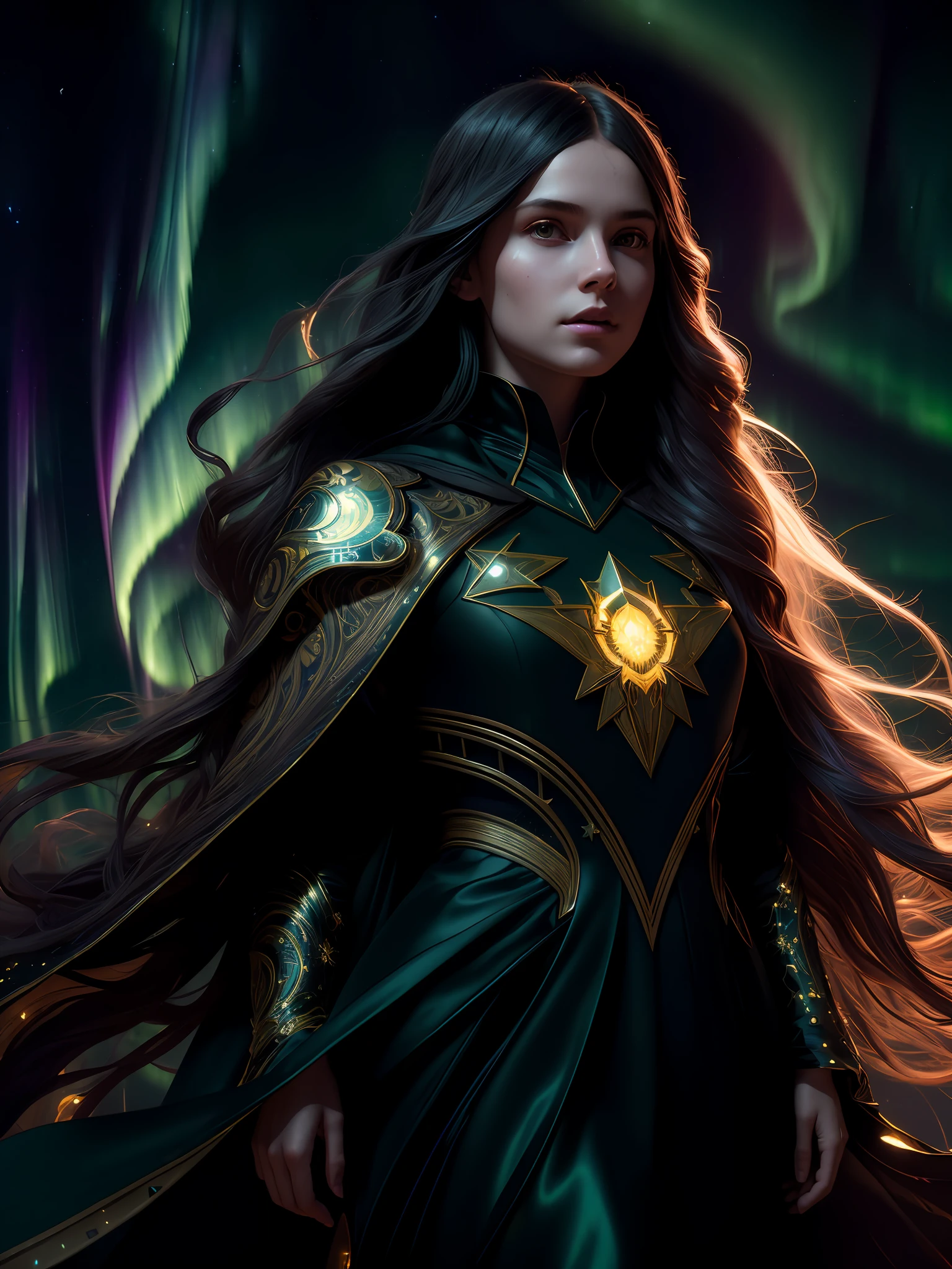 (dark dim dramatic atmosphere)+ 8k portrait aurora, girl with super long hair, hair dissolving into bright stars, in drip modern clothing, intricate, highly detailed, digital painting, smooth, sharp focus, illustration, unreal engine 5, 8 k, art by artgerm and greg rutkowski and alphonse mucha