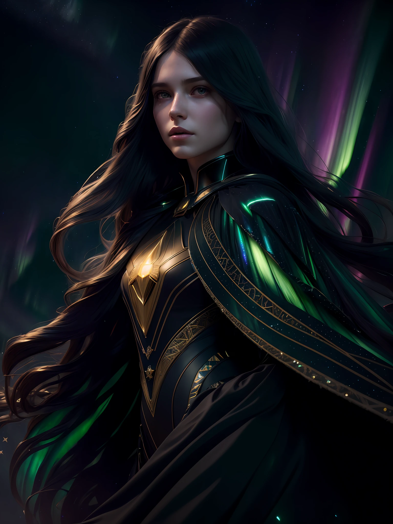 (dark dim dramatic atmosphere)+ 8k portrait aurora, girl with super long hair, hair dissolving into bright stars, in drip modern clothing, intricate, highly detailed, digital painting, smooth, sharp focus, illustration, unreal engine 5, 8 k, art by artgerm and greg rutkowski and alphonse mucha