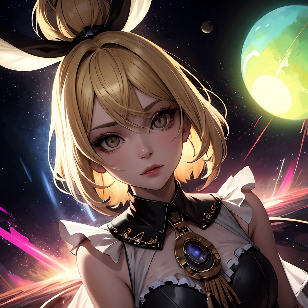 ((close)), 1 girl, ((dramatic pose)), ((Goddess of the multiverse)), looking at the viewer, ((Kagamine Rin)), ((pov)), white underwear panties, skirt, yellow eyes, (blonde), yellow short hair, fantastic eyelashes, ((ultra detailed eyelashes)), Goddess Long Dress, Thin, Dark Fantasy, destruction, (((psychedelic art, ultra detailed, ultra realistic face, cinematic, best quality, hard lighting, concept art, illustration, 4d, 16k) )), splash art 500,  Chaos 750, galaxy, stars, planets in the background, psychedelic colors, ((explosion of colors))