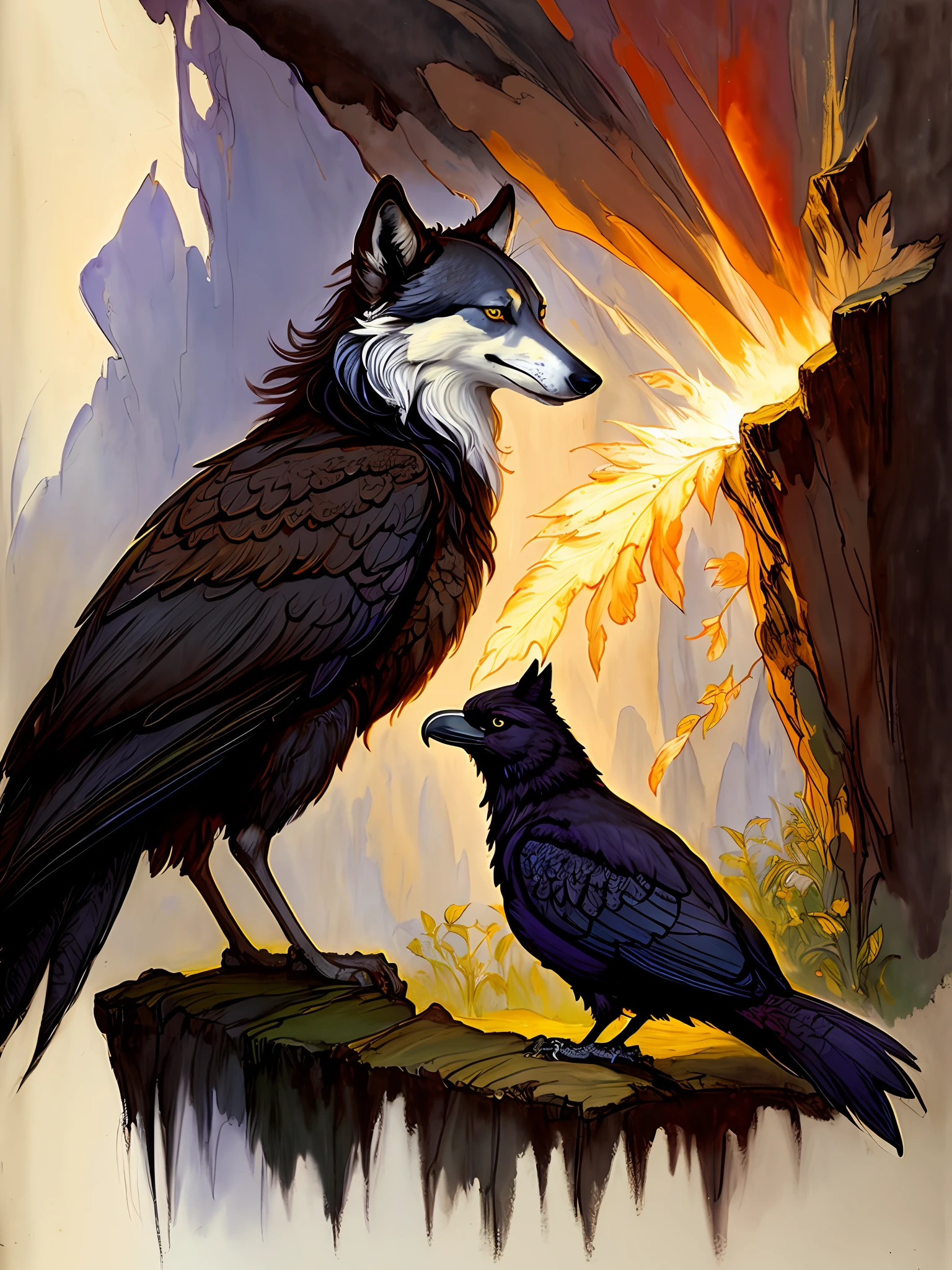 Brian Froud style, oil painting, chiaroscuro, comic style, A hybrid creature with the body and head of a wolf but the feathers and tail of a raven, on (cold pressed 300g/m² cotton paper), dynamic, highly detailed, artstation, concept art, smooth, sharp focus, illustration, art by John William Waterhouse, details by Carl Larsson, detailed cavern background, 60-30-10 color rule, warm tones, rays of light, studio lighting, white background, pastel colors