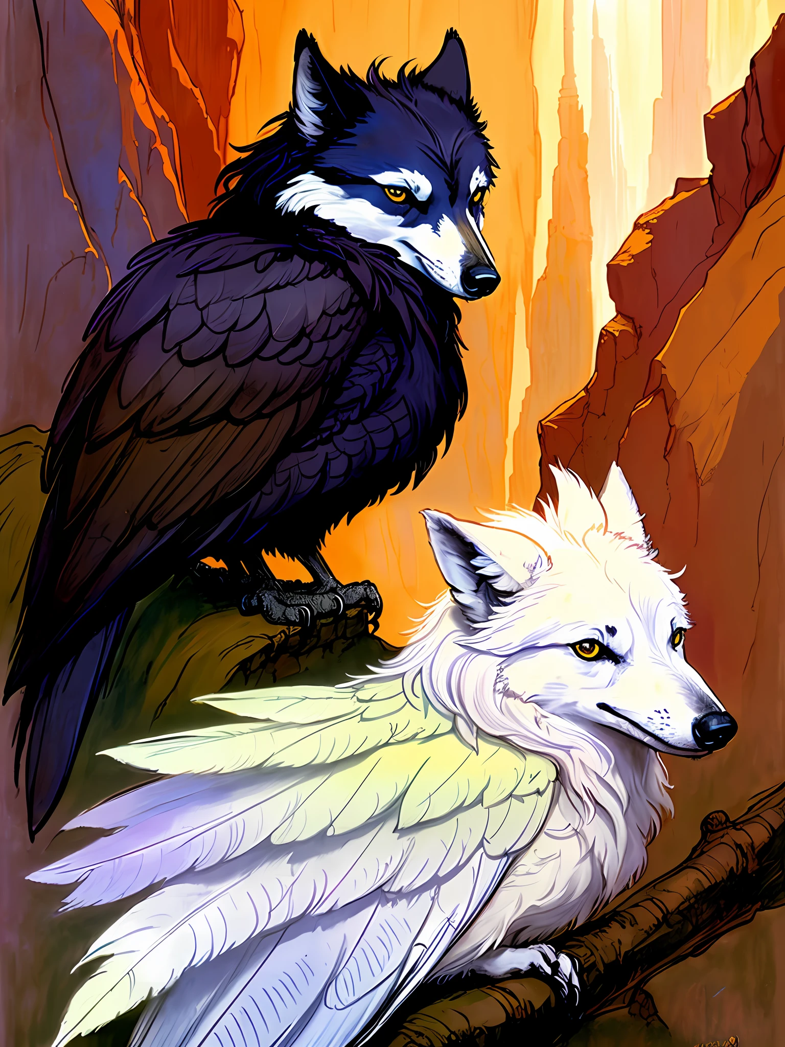 Brian Froud style, oil painting, chiaroscuro, comic style, A hybrid creature with the body and head of a wolf but the feathers and tail of a raven, on (cold pressed 300g/m² cotton paper), dynamic, highly detailed, artstation, concept art, smooth, sharp focus, illustration, art by John William Waterhouse, details by Carl Larsson, detailed cavern background, 60-30-10 color rule, warm tones, rays of light, studio lighting, white background, pastel colors