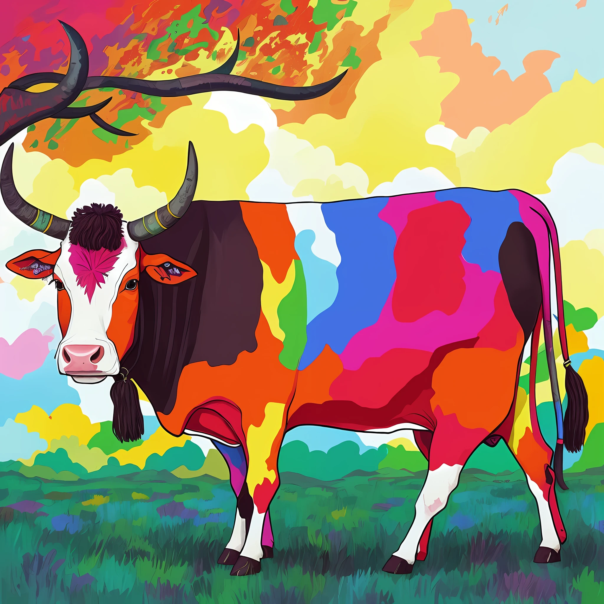painting of a cow with a colorful face and horns in a field, bovine, cow, digital art - w 700, an ox, digital art animal photo, psychedelic art style, trending artistic art, vibrant digital painting, fauvism style, by Leo Goetz, neutral color neo - fauvism, magical fauvism, by Bernard D’Andrea