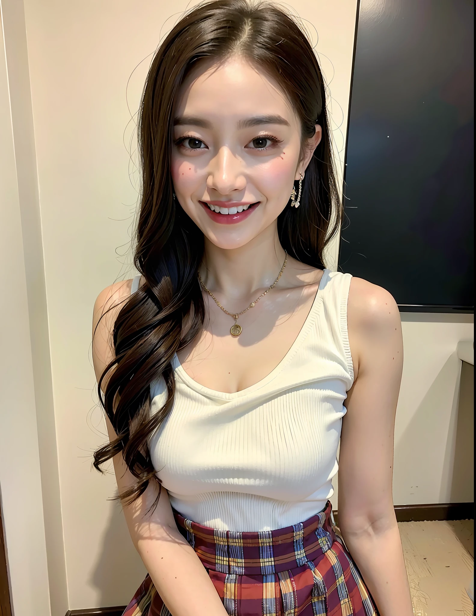 (8k, best quality, masterpiece:1,2), (realistic, photo-realistic:1,37), top quality, masterpiece, beautiful girl, cute smile, dimples, happy, tank top outfit with blouse, long skirt, wedding hairstyle, lipstick, body goal, wearing necklace, very realistic