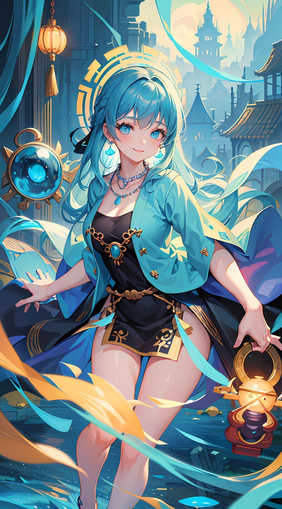 masterpiece, best quality, ultra-detailed, illustration,(1girl),beautiful detailed eyes, looking at viewer, (holding a computer keyboard), happy, (turquoise hair:1), (blue rounded eyes:1), (round earring), (turquoise big gem necklace), cute round face, long hair, smile, fantasy chinese clothes