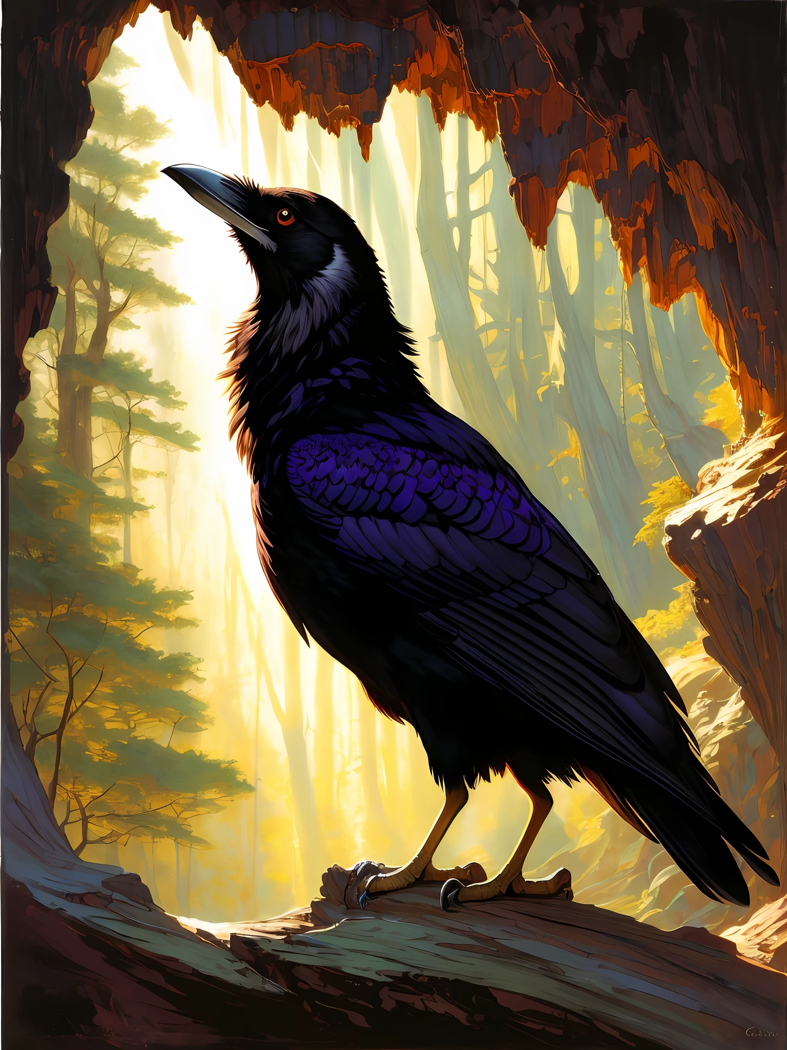 Brian Froud style, oil painting, chiaroscuro, comic style, A hybrid creature with the body and head of a wolf but the feathers and tail of a raven, on (cold pressed 300g/m² cotton paper), dynamic, highly detailed, artstation, concept art, smooth, sharp focus, illustration, art by John William Waterhouse, details by Carl Larsson, detailed cavern background, 60-30-10 color rule, warm tones, rays of light, studio lighting, white background, pastel colors