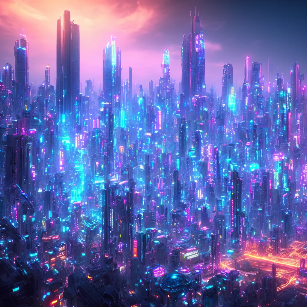 Futuristic neon metropolis, cityscape, advanced technology, detailed architecture by kenichi miyazaki and tosa inoue, 3D rendering, vibrant colors, artificial lighting, alien landscape, epic sky, high contrast, trending in artstation, virtual reality.