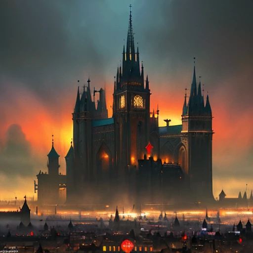 top view, (((((medieval city))))), ((fantasy art, dark fantasy)), Victorian, James Gurney style, ((psychedelic, ultra realistic, cinematic, 16k, cinematic art)), splash art 500, Chaos 750, stylized 800, ((psychedelic colors))