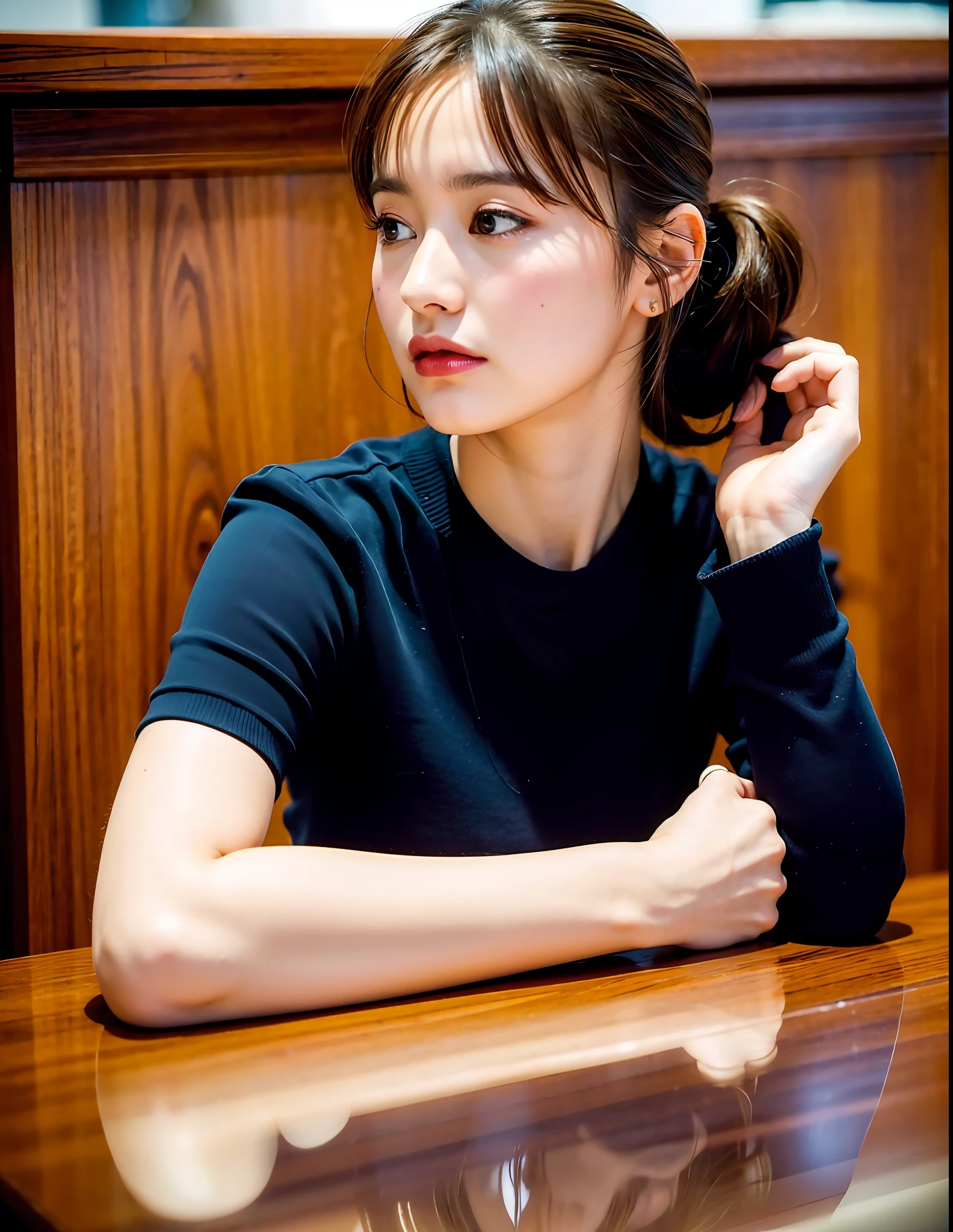 (8k, best quality, masterpiece:1,2), (realistic, photo-realistic:1,37), top quality, masterpiece, beautiful girl, daydreaming, sitting in a chair, hand holding her forehead with her elbow at the table, much on her mind, elegantly dressed, no smile, hair tied in slight bangs