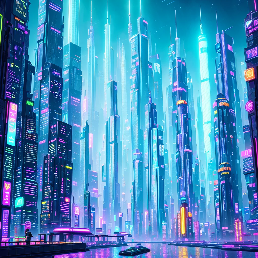 A vibrant futuristic cityscape full of neon lights and towering skyscrapers, by Alexandre Chaudret, Spencer Lueders, Matt Smith, Tyler Edlin, and Robert Simons. Hyper detailed, photorealistic, with dramatic lighting, stylized, with a sharp focus, trending in Artstation, inspired by Blade Runner and Cyberpunk 2077.
