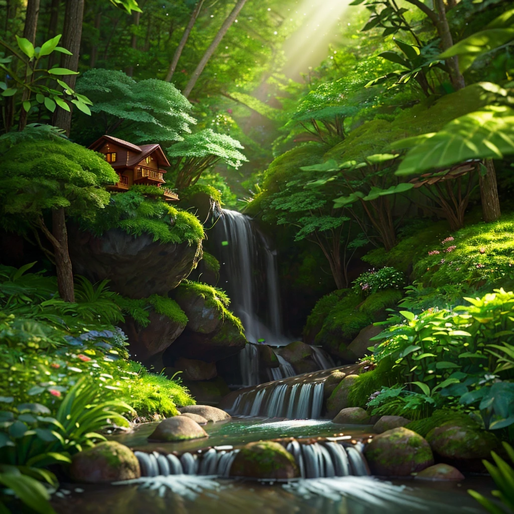 a cozy chalet in a forest. with a beautiful waterfall in the background The style of the illustration is inspired by the animations of Pixar and Disney, lovely and charming scenarios. The forest is lush and full of detail, with tall trees, vibrant foliage, motion blur, glowing light, vignetting, cinematic lighting, depth of field, ray tracing, reflection light, backlighting, film grain, depth of field, cinematic lighting, glowing light, god rays, ray tracing, film grain, vignetting, super detail, high quality, 16k, textured skin, UHD, UHD, 16k, HD, high quality,  best quality, high details, super detail,