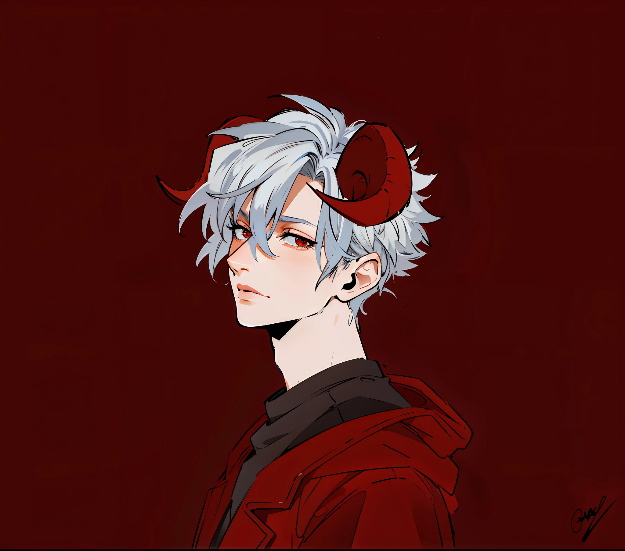 (masterpiece),(best quality:1.0), (ultra highres:1.0), detailed illustration, 8k, anime, guy with grey hair, red demon horns, sinister, detailed face, red eyes, black t-shirt, red coat, anime style, artwork, highly detailed