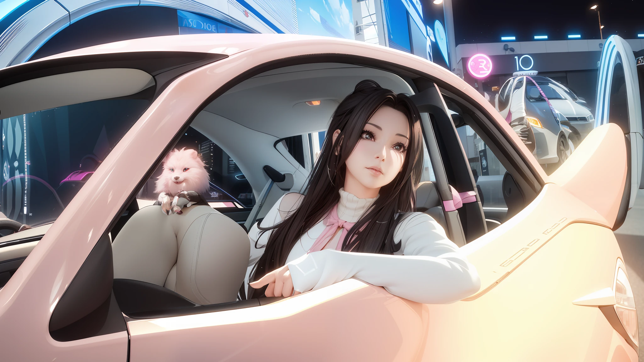 araffe woman sitting in a car with a pink car door, trending on cgstation, realistic anime 3 d style, artwork in the style of guweiz, anime style. 8k, guweiz, sitting in her car, trending at cgstation, inspired by Sim Sa-jeong, 3d cg, 3 d cg, anime styled 3d