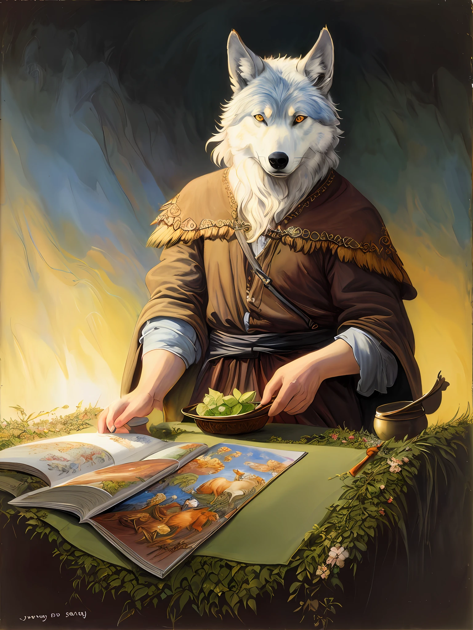 Brian Froud style, oil painting, chiaroscuro, comic style, A hybrid creature with the body and head of a wolf but the feathers and tail of a raven, on (cold pressed 300g/m² cotton paper), dynamic, highly detailed, artstation, concept art, smooth, sharp focus, illustration, art by John William Waterhouse, details by Carl Larsson, detailed cavern background, 60-30-10 color rule, warm tones, rays of light, studio lighting, white background, pastel colors