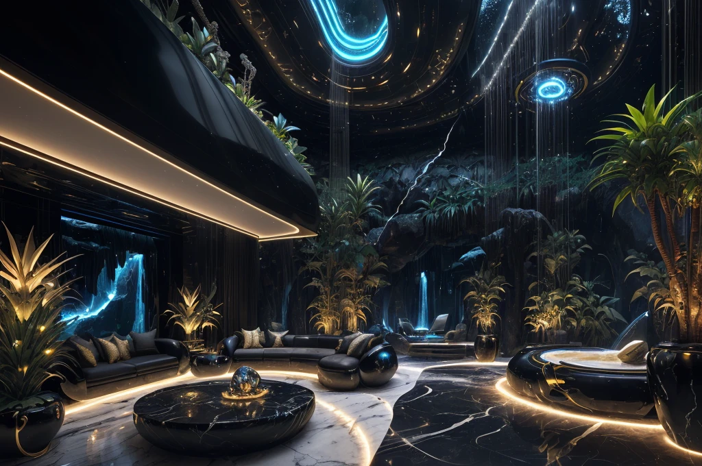 incredible black luxurious futuristic interior in Ancient Egyptian style with many (((lush plants))) (lotus flowers), ((palm trees)), rocky walls, ((sand)), ((waterfalls)), (marble), ((precious minerals)), ((metals)), (gemstones), crystals, clouds and ((water)), curvy futuristic furniture, crocodiles, (hieroglyphics), (((ultra luxury))), (black marble) – with ((beautiful lights)), Unreal Engine, HQ, 16k