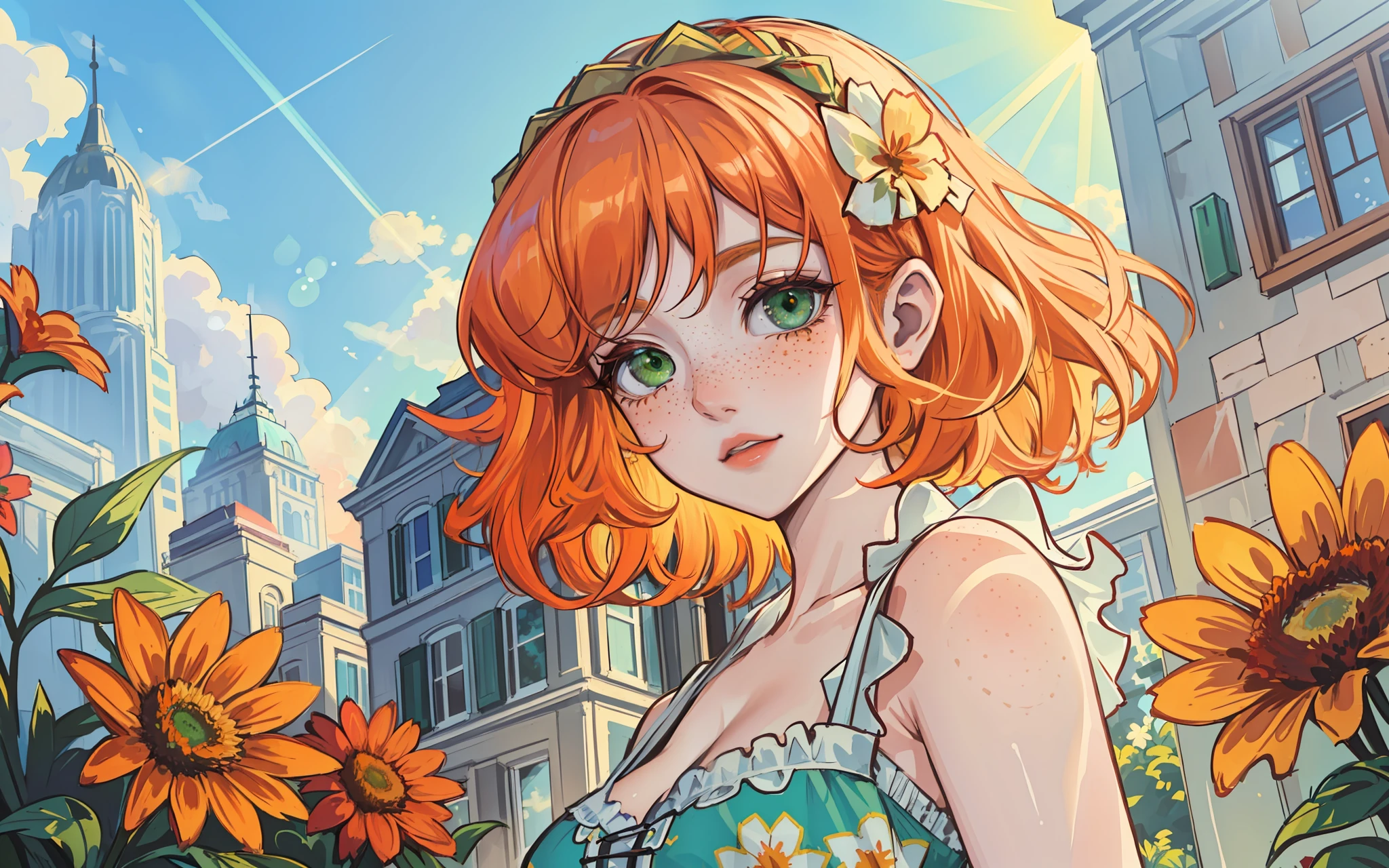 masterpiece portrait of a woman in Montreal at dawn, cute orange curly hair, green eyes, freckles, floral print, dress, dawn, neon, rays of light, caustic, lens reflection, ((solo)), ishmael_limbus