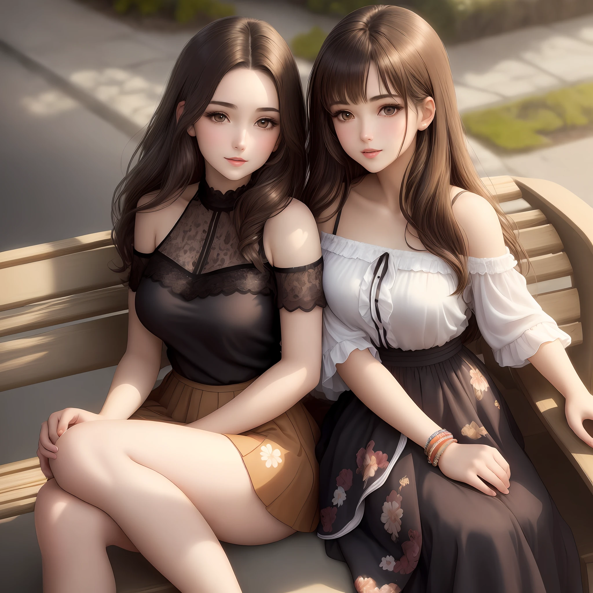 In the realistic art scene, a brunette woman is sitting gracefully on a bench. Her posture is relaxed, her legs crossed elegantly. She wears a short skirt that subtly reveals her shapely legs. Her breasts are portrayed in an erotic way, with an accentuated presence and a slight highlight, but still within the confines of soft anime style. The brunette woman has delicate and expressive facial features. Her eyes are large and expressive, with long eyelashes that make her look stand out. Your skin is smooth and lightly tanned, with warm undertones that enhance your beauty. His hair, in a style characteristic of the anime, is long and silky, and can be an intense and shiny color, such as a dark brown with subtle highlights. It drapes smoothly over your shoulders and can be decorated with accessories such as a ribbon or barrette. The brunette woman can be wearing a light top or a T-shirt that complements the short skirt. Details such as delicate lace, prints or bright colors can be added to enhance your look. She can also be wearing bracelets, rings or other subtle accessories to add a touch of elegance to the composition.
