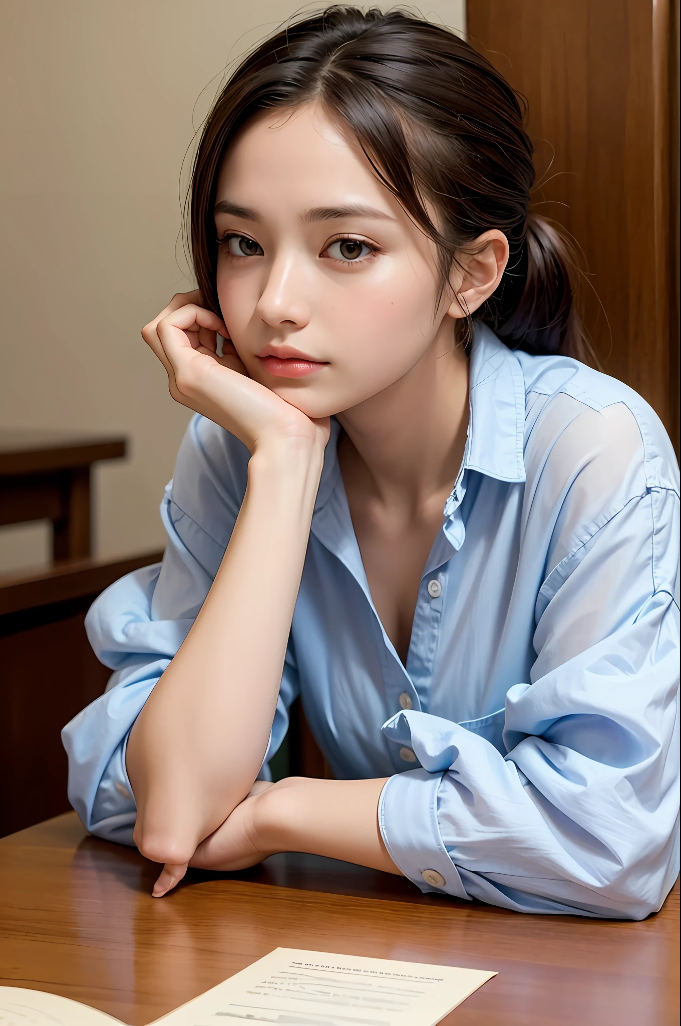 (8k, best quality, masterpiece:1,2), (realistic, photo-realistic:1,37), top quality, masterpiece, beautiful girl, daydreaming, sitting in a chair, hand holding her forehead with her elbow at the table, much on her mind, elegantly dressed, no smile, hair tied in slight bangs, realistic,sfw,beautiful japanese girl,