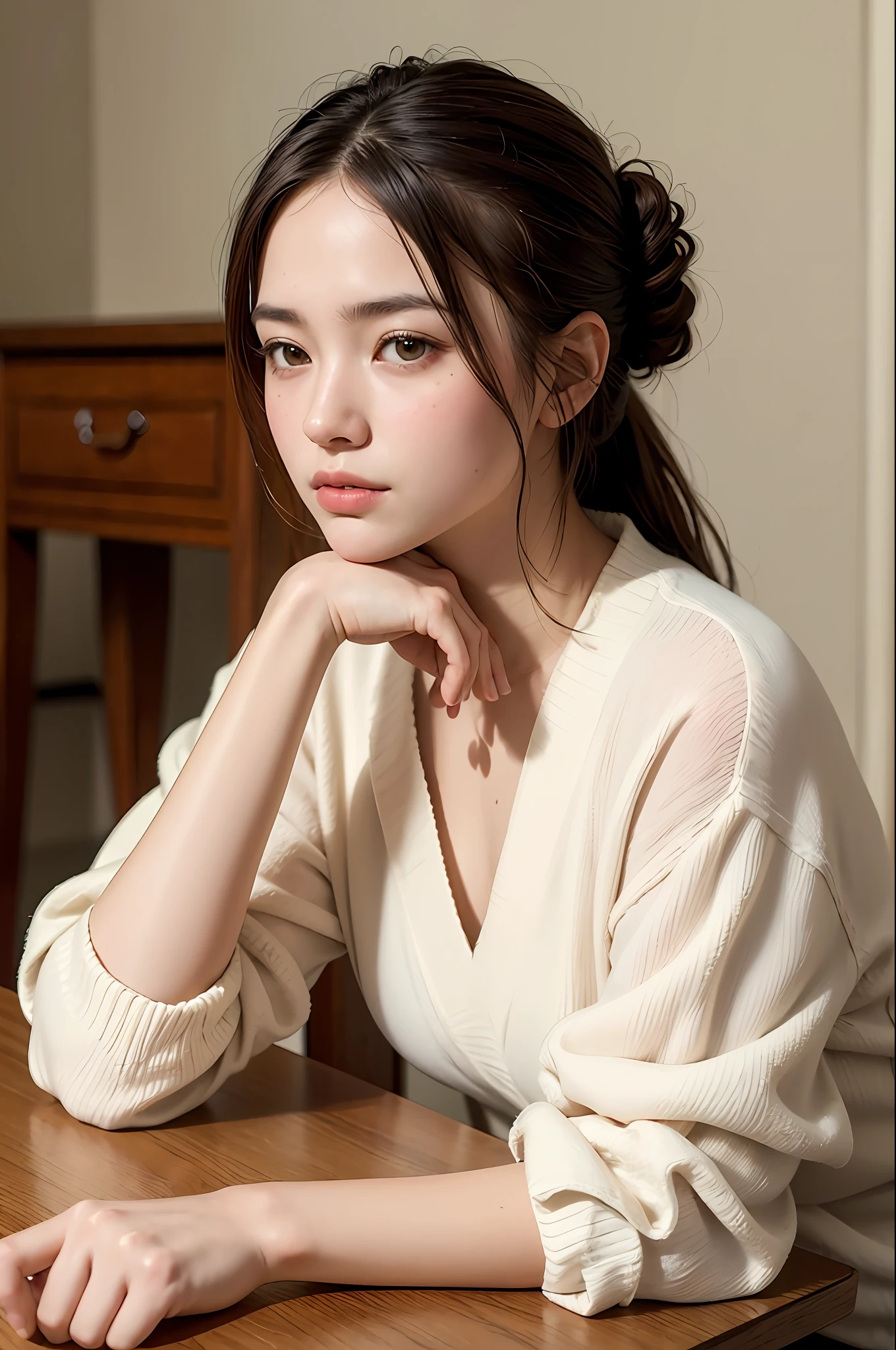 (8k, best quality, masterpiece:1,2), (realistic, photo-realistic:1,37), top quality, masterpiece, beautiful girl, daydreaming, sitting in a chair, hand holding her forehead with her elbow at the table, much on her mind, elegantly dressed, no smile, hair tied in slight bangs, realistic,sfw,beautiful japanese girl,