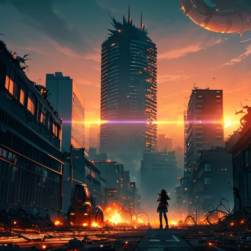 1girl, black hoodie, disheveled hair, messy hair, headphones, from behind, (silhouette), cyborg, extra long hair, floating hair, absurdly long hair, (energy sword:1.3), glowing, walking, holding energy sword, dead buildings, monster facing huge monster, colossal broken cyborg, ruins, broken, destroyed cyborg, leaves, tentacles, monster, horrid creature, (mechanical), (worm), eldritch abomination, broken buildings, orange sky, clouds, smoke, vines, foliage around buildings, huge vines, leaves, post-apocalypse, ruins, light flare, solar flare, lens flare, light particles