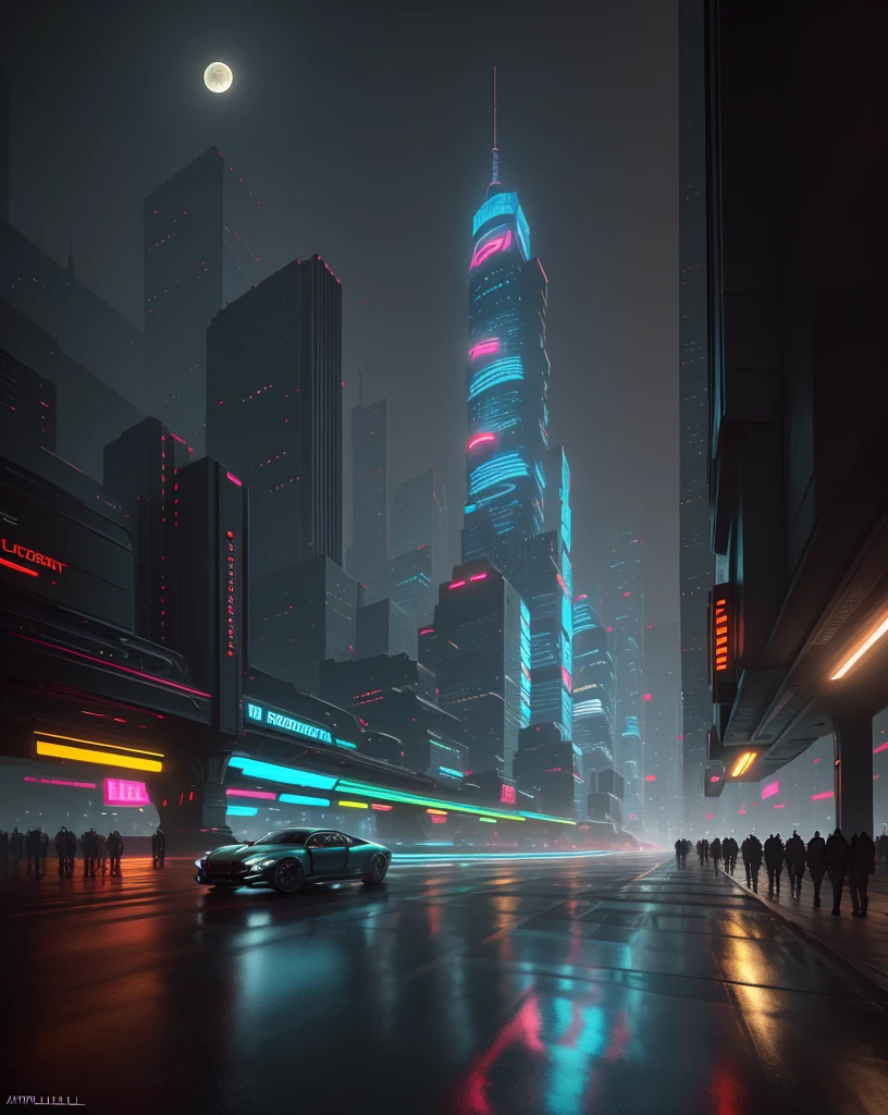 (highly detailed:1.2),(best quality:1.2),(8k:1.0),(emb-rrf-low:1.0),sharp focus,(award-winning photograph:1.2), (subsurface scattering:1.1), best quality, 16k, Futuristic cityscape with towering skyscrapers, neon-lit streets, flying cars, holographic billboards, and a full moon backdrop, by Robert Broomfield, 3D art, photorealistic, hyper-detailed, dystopian, trending on ArtStation, cinematic lighting, sci-fi, and fantasy.
