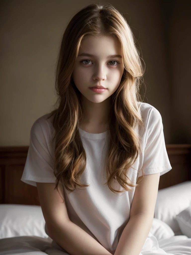 Portrait of an 18 year old cute beautiful perfect face it teen, she is happy, very beautiful Russian, raw, in bed, (dark private study, dark and moody light: 1.2)