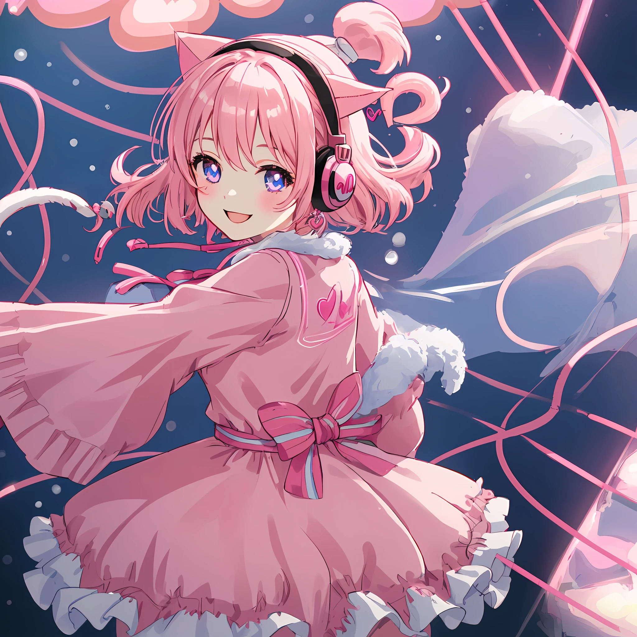 Girl with short pink hair, smiling and joyful in, winter dress, sunglasses and pink, blue e yes, cheerfulness, heart-shaped pupils, heart earrings, cat ear headphones, light smile, an ime style, glowing light, cowboy shot, UHD, r etina, super detail