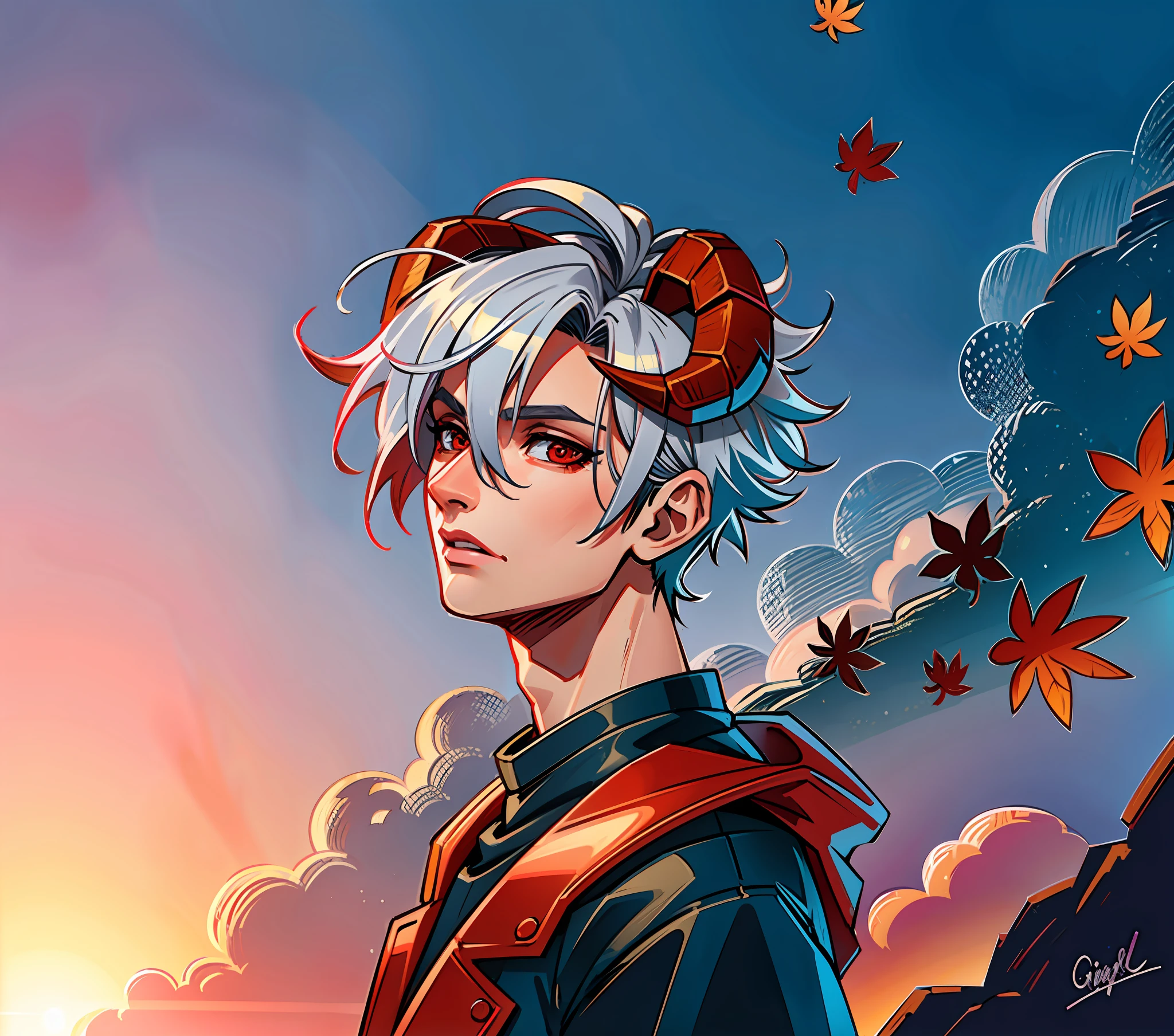 (masterpiece),(best quality:1.0), (ultra highres:1.0), detailed illustration, 8k, anime, guy with grey hair, red demon horns, sinister, detailed face, red demon eyes, black t-shirt, red coat, anime style, artwork, highly detailed, red maple leaves background, vibrant