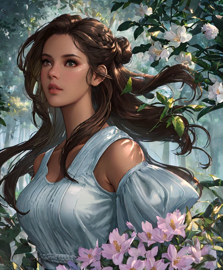 (absurdres, highres, ultra detailed), 2d, 1girl, cheDark Fantasy,(masterpiece, best quality, ultra-detailed, highres, best illustration),perfect face, ((solo, solo focus)),sidelighting, lustrous skin,(bloom), (shine), ray tracing,  long black messy hair,  The focus should be on his extremely detailed face, which should be breathtakingly realistic and capture every nuance of his expression. realistic,  close up face, upper body, focus on face, half body, portrait,  detailed skin, matte skin, soft lighting, subsurface scattering, realistic, heavy shadow, masterpiece, best quality, ultra realistic, 8k, golden ratio, focus on head, only head portrait, dark-skinned, darker skin,(absurdres, highres, ultra detailed), upper body,  long hair,fantasy, sunset, gorgeous woman, upper body, Fantasy light and shadow, Photorealistic, Hyperrealistic, Hyperdetailed, analog style, demure, low cut, detailed skin, matte skin, soft lighting, subsurface scattering, realistic, heavy shadow, masterpiece, best quality, ultra realistic, 8k, golden ratio, Intricate, High Detail, film photography, soft focus, romantic atmosphere,   wavy hair, dark skinned,  tan skin, outside, dappled sunlight, 1female wearing tank top, white tank top, dark hair, dark long hair with space buns, forest, flowers, plants, leaf, creeck, female fighting, weapon, woman is using a sword, dagger in hand
