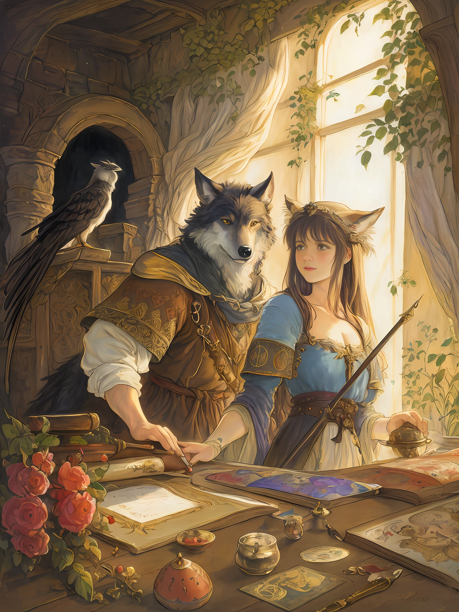 Brian Froud style, oil painting, chiaroscuro, comic style, A hybrid creature with the body and head of a wolf but the feathers and tail of a raven, on (cold pressed 300g/m² cotton paper), dynamic, highly detailed, artstation, concept art, smooth, sharp focus, illustration, art by John William Waterhouse, details by Carl Larsson, detailed cavern background, 60-30-10 color rule, warm tones, rays of light, studio lighting, white background, pastel colors
