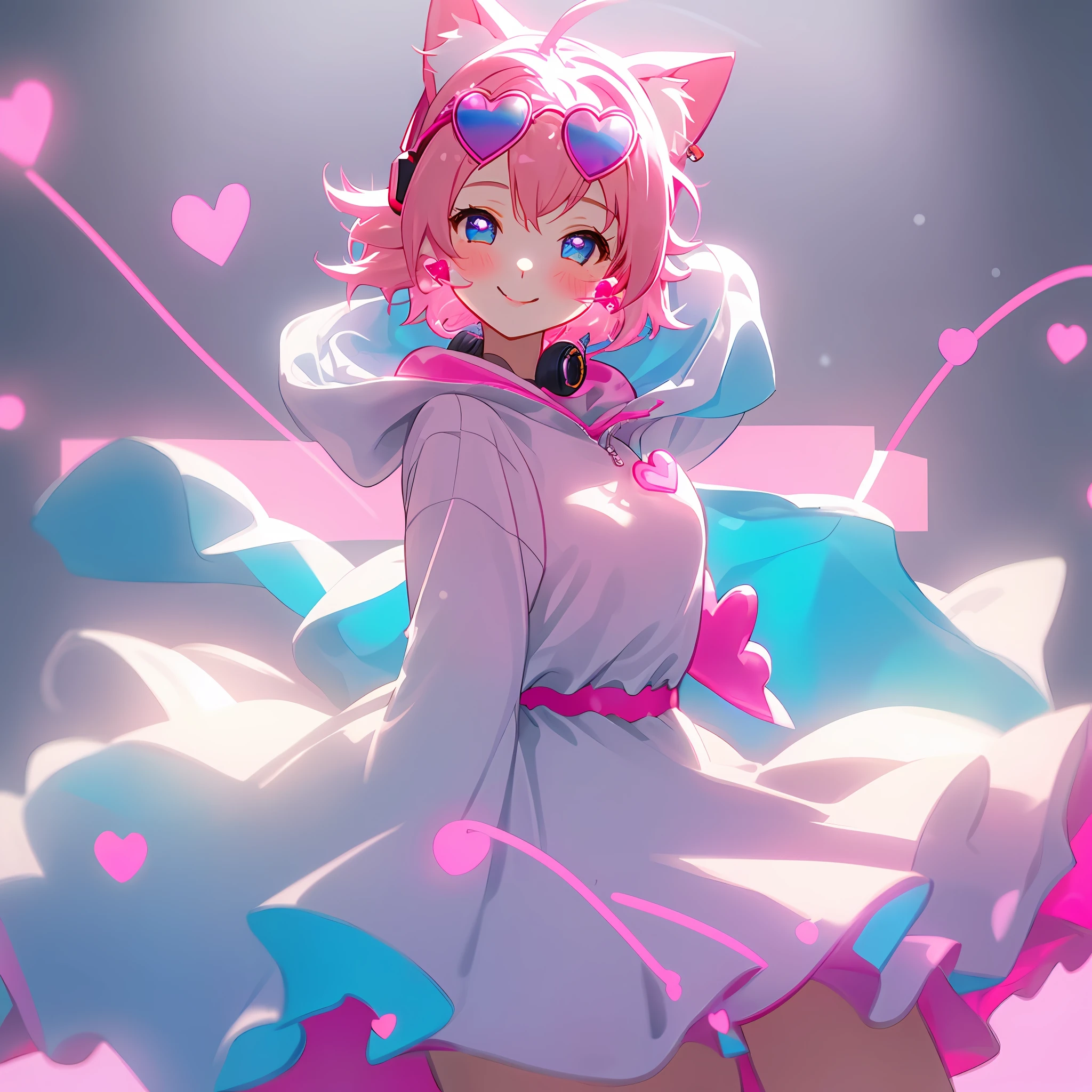 Girl with short pink hair, smiling and joyful in, winter dress, sunglasses and pink, blue e yes, cheerfulness, heart-shaped pupils, heart earrings, cat ear headphones, light smile, an ime style, glowing light, cowboy shot, UHD, r etina, super detail
