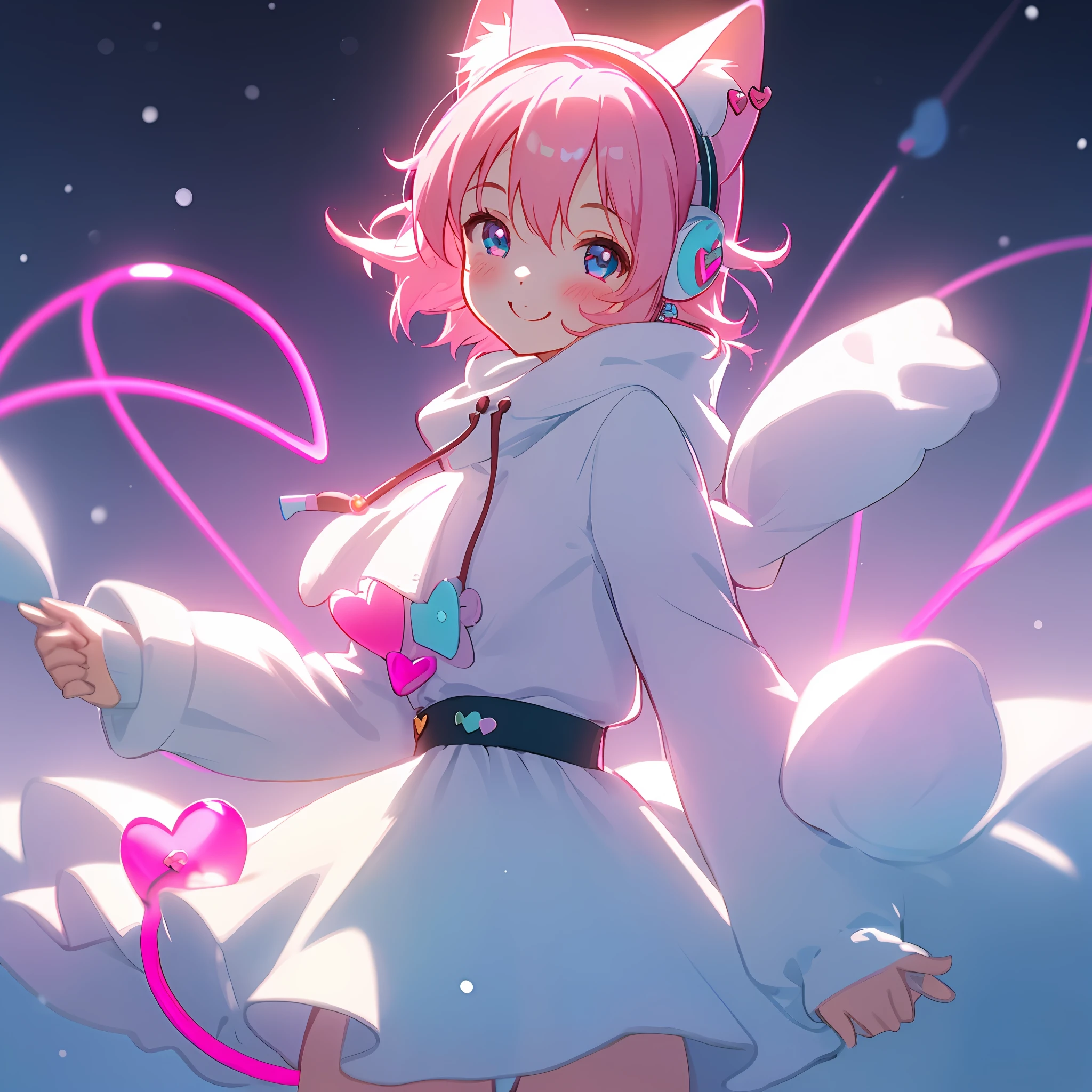Girl with short pink hair, smiling and joyful in, winter dress, sunglasses and pink, blue e yes, cheerfulness, heart-shaped pupils, heart earrings, cat ear headphones, light smile, an ime style, glowing light, cowboy shot, UHD, r etina, super detail