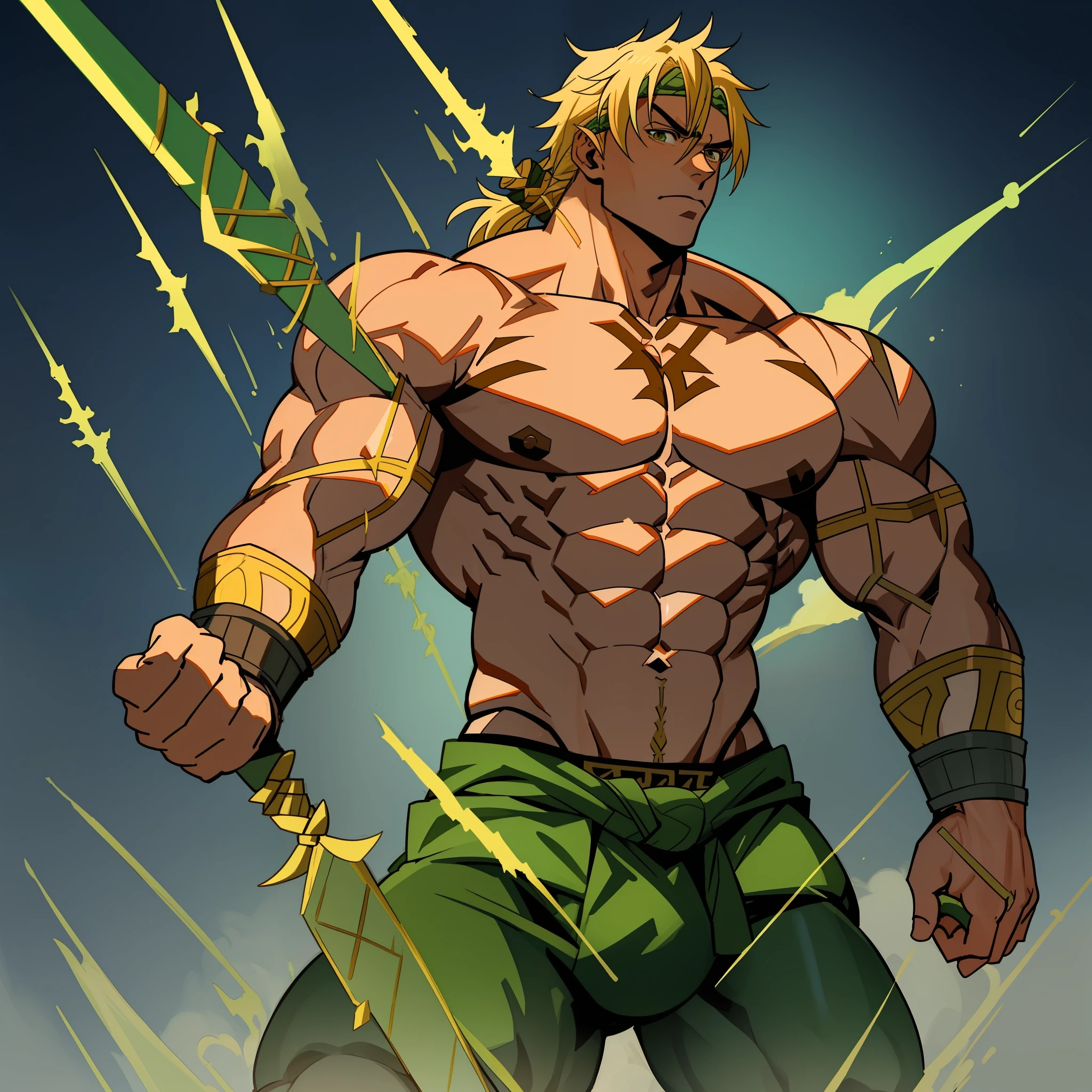 Thorfinn from vinland saga as a muscular bodybuilder with 8 pack abs and big biceps and big pectoral muscles, huge bulge, norse, vinland saga style anime, 8k, hd, high quality, high resolution