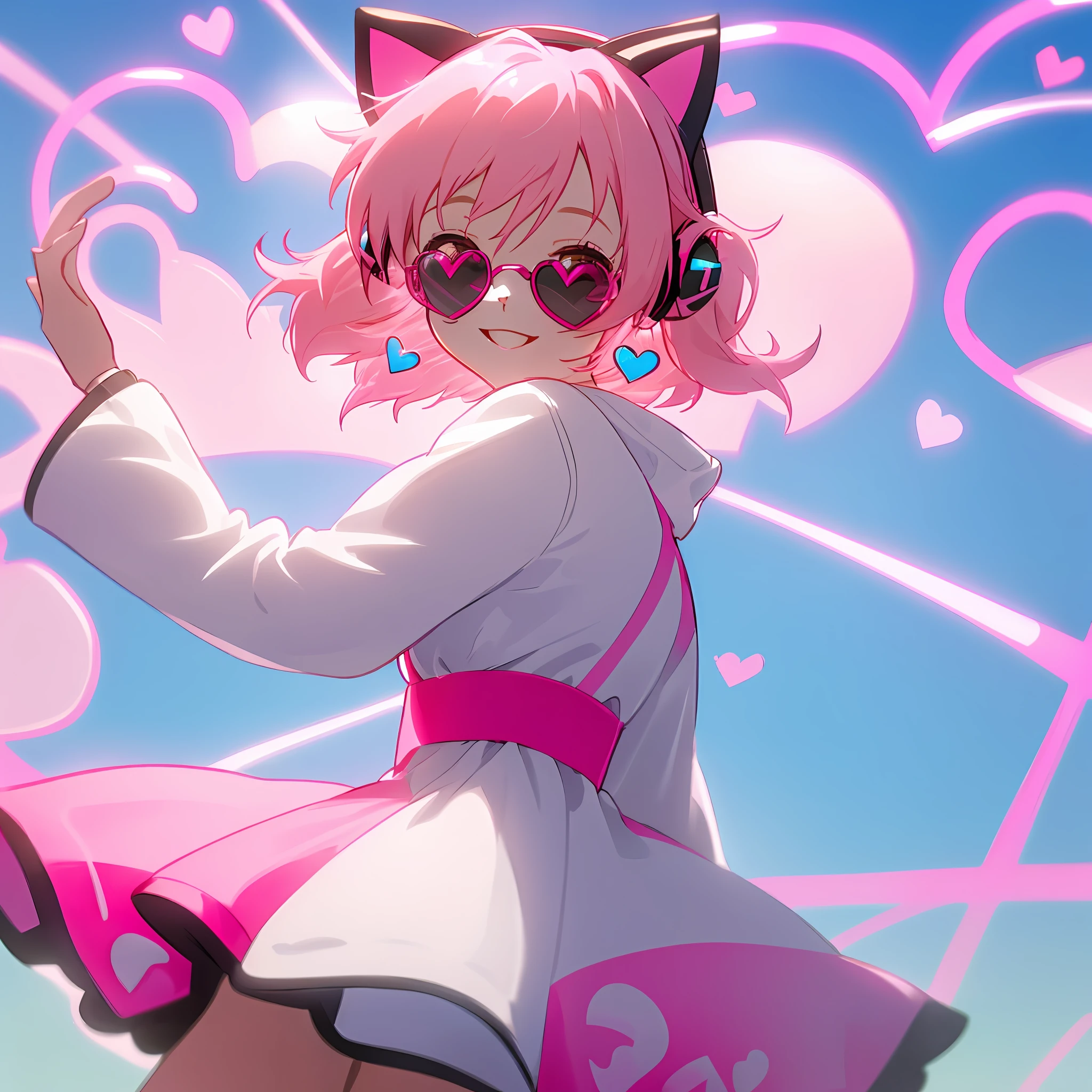 Girl with short pink hair, smiling and joyful in, winter dress, sunglasses and pink, blue e yes, cheerfulness, heart-shaped pupils, heart earrings, cat ear headphones, light smile, an ime style, glowing light, cowboy shot, UHD, r etina, super detail