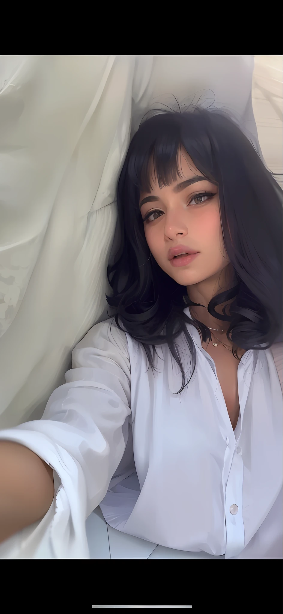 woman in white shirt lying on a white sheet, image leaked, she has black hair with bangs, with bangs, anastasia ovchinnikova, profile picture, portrait of priyanka chopra, sophie mudd portrait, profile picture, selfie of a young woman, black hair and bangs, headshot profile picture, portait photo profile picture,woman with white shirt and necklace posing for a photo, She has black hair with bangs, blunt bangs fall on her forehead, with bangs, selfie of a young woman, inspired by Esaias Boursse, in the sun, black hair and big eyes, black hair and white bangs, Aida Muluneh