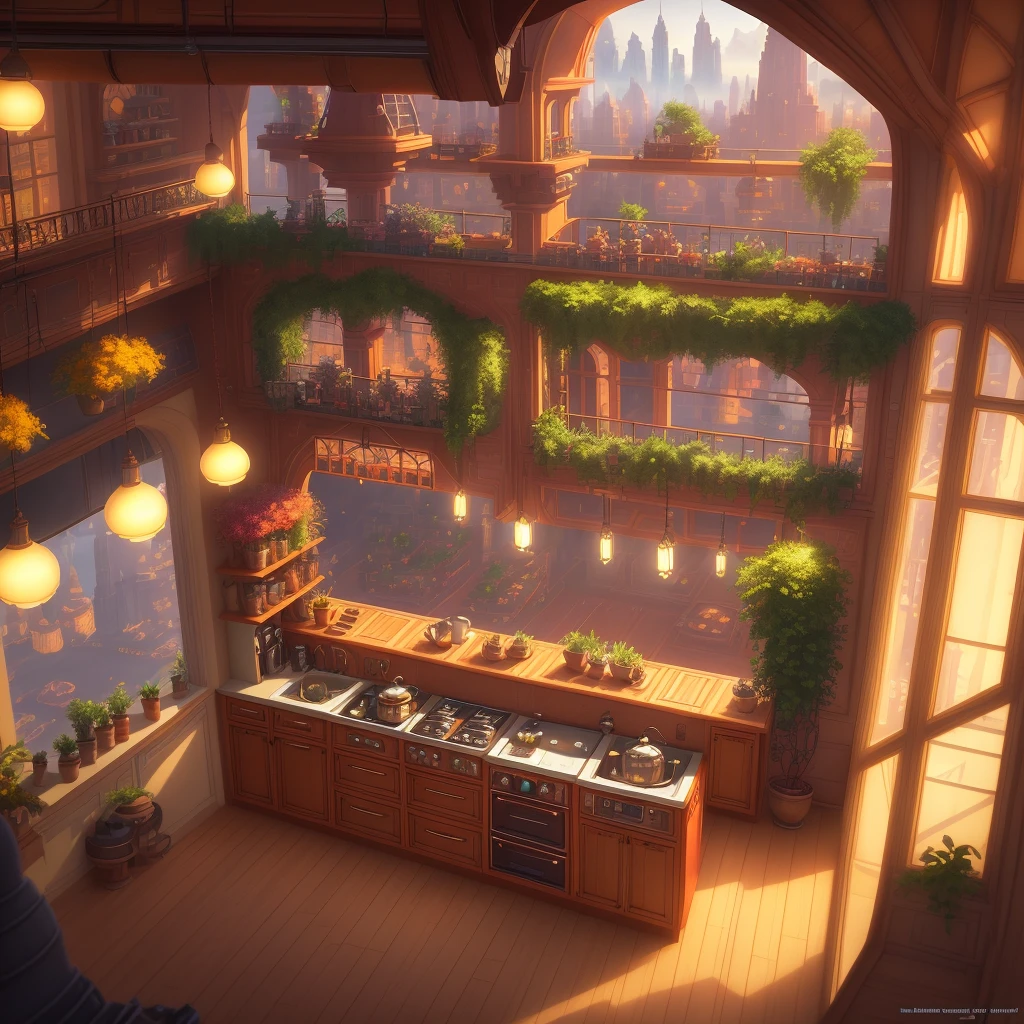 beautiful open kitchen in the style of elena of avalor overlooking aerial wide angle view of a solarpunk vibrant city with greenery, interior architecture, kitchen, eating space, rendered in octane, in the style of Luc Schuiten, craig mullins, solarpunk in deviantart, photorealistic, highly detailed, Vincent Callebaut, elena of avalor, highly detailed