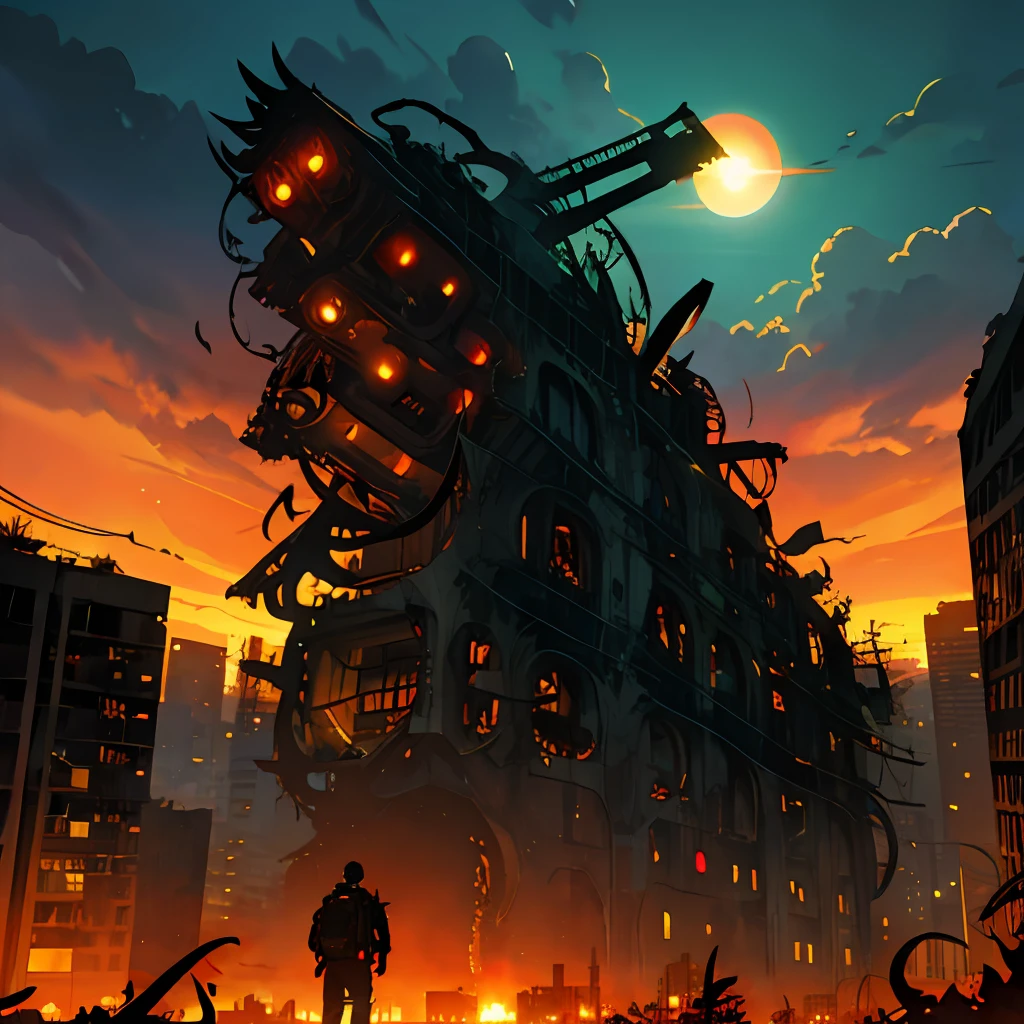 (silhouette), glowing, dead buildings, huge monster, ((colossal broken cyborg)), ruins, broken, (destroyed cyborg, leaves, tentacles, monster, horrible creature), ((mechanical)), (worm), mystical abomination , broken buildings, orange sky, clouds, smoke, vines, foliage around buildings, huge vines, leaves, post-apocalypse, ruins, light flare, sun flare, lens flare, light particles