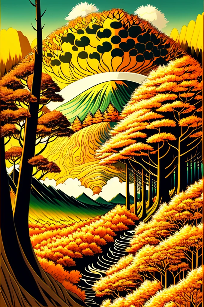 Intricate painting of a detailed japanese forest, by range murata, a big yellow sun in the background, clouds, vivid colors, high contrast, mountain scape, vector line art, orange highlights, trending in pixiv, anime concept art, awesome, matte, high quality, edge-to-edge, van gogh