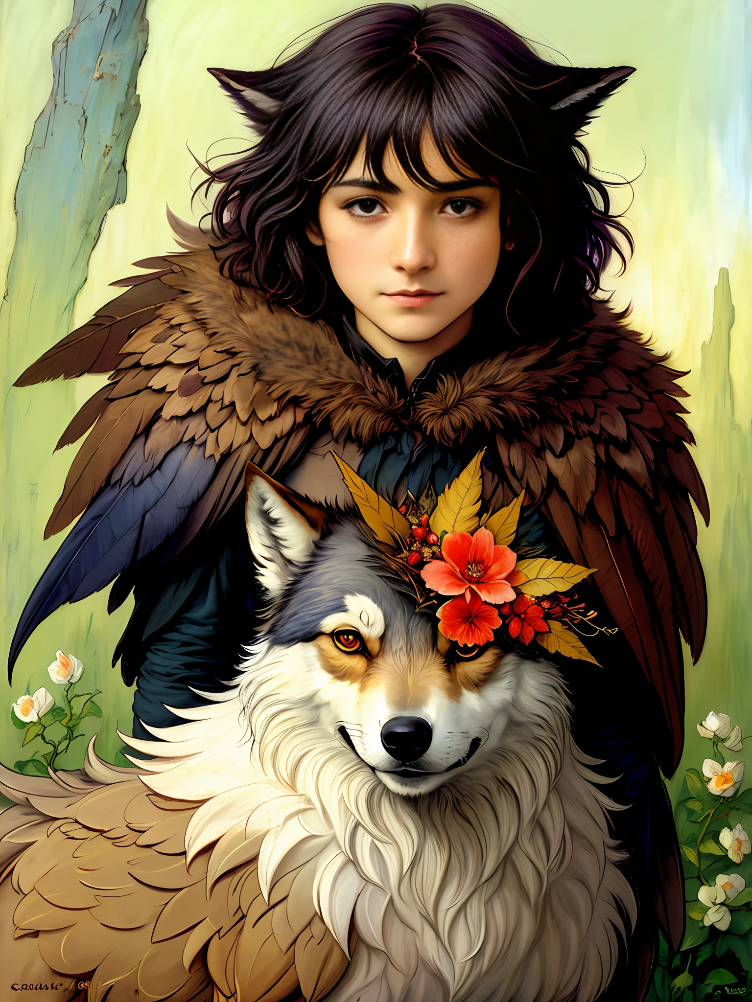 Brian Froud style, oil painting, chiaroscuro, comic style, A hybrid creature with the body and head of a wolf but the feathers and tail of a raven, on (cold pressed 300g/m² cotton paper), dynamic, highly detailed, artstation, concept art, smooth, sharp focus, illustration, art by John William Waterhouse, details by Carl Larsson, detailed cavern background, 60-30-10 color rule, warm tones, rays of light, studio lighting, white background, pastel colors