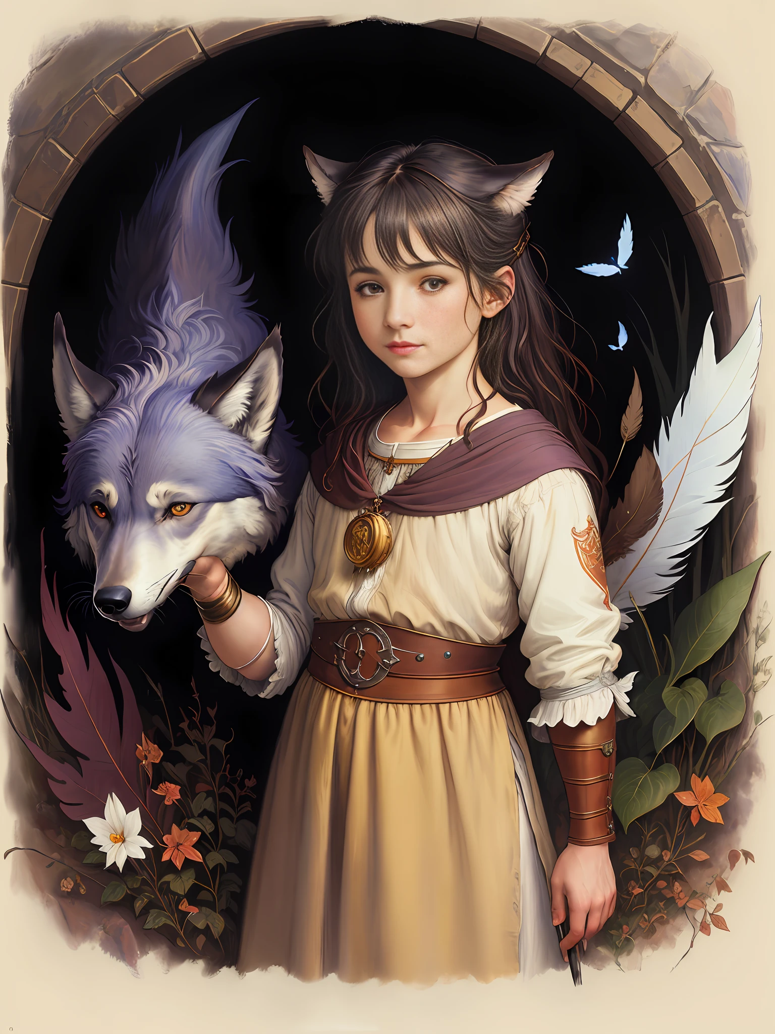 Brian Froud style, oil painting, chiaroscuro, comic style, A hybrid creature with the body and head of a wolf but the feathers and tail of a raven, on (cold pressed 300g/m² cotton paper), dynamic, highly detailed, artstation, concept art, smooth, sharp focus, illustration, art by John William Waterhouse, details by Carl Larsson, detailed cavern background, 60-30-10 color rule, warm tones, rays of light, studio lighting, white background, pastel colors