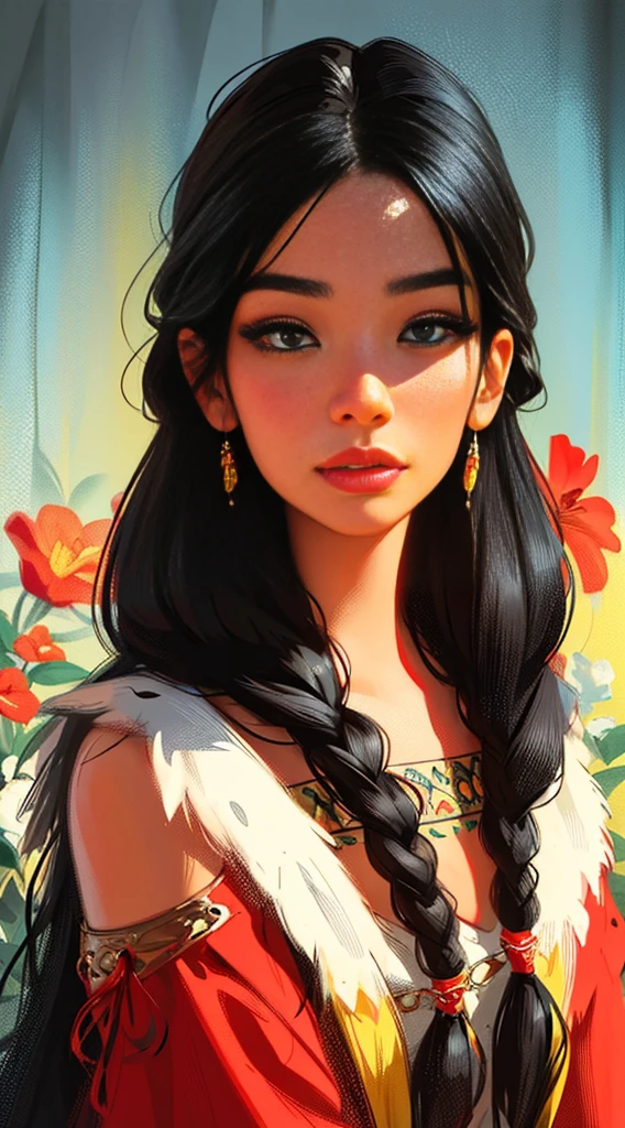 floral theme, vivid colors, Pocahontas, her black and loose hair, ((masterpiece)), ((magnificent art)), her eyes are vibrant and sweet, super detailed face, Adobe Illustration, Trending on Artstation, 8K, hd, lighting by REMBRADT