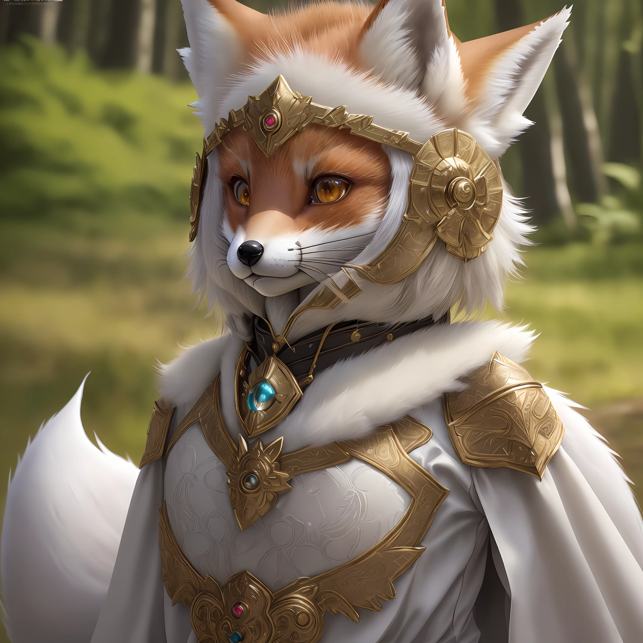 (((solo))), (full body) shot photo of the most beautiful artwork detailed, intricate detail, High Detail, ultra realistic, hide armor, petite proportions, realistic anthropomorphic art, (anthropomorphic  art!!!, ((female anthro artic fox cleric)), forest, very very beautiful anthro art, realistic, 8k, no human hair, no duplicate, no duplicate tails, no clone