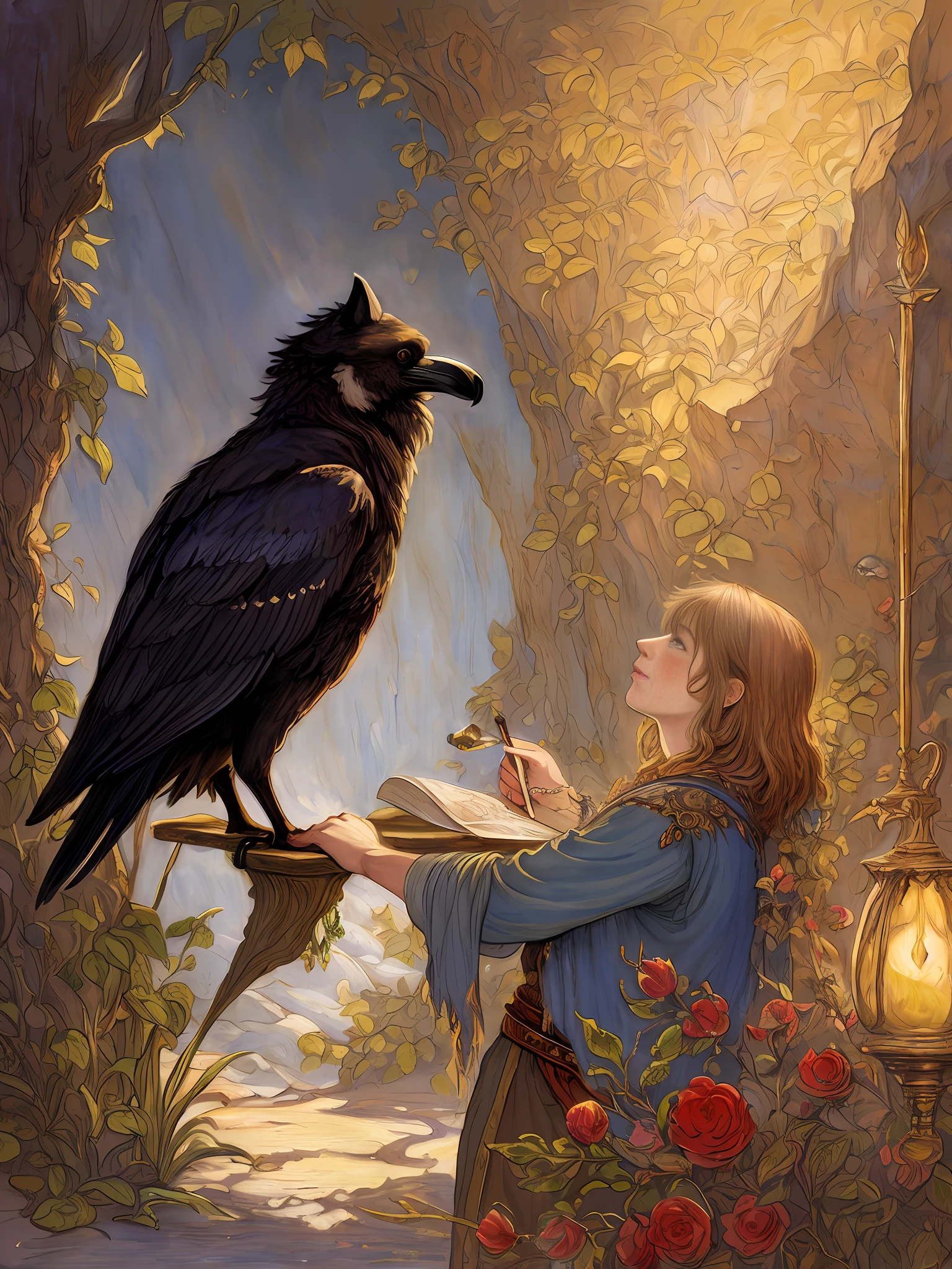 Brian Froud style, oil painting, chiaroscuro, comic style, A hybrid creature with the body and head of a wolf but the feathers and tail of a raven, on (cold pressed 300g/m² cotton paper), dynamic, highly detailed, artstation, concept art, smooth, sharp focus, illustration, art by John William Waterhouse, details by Carl Larsson, detailed cavern background, 60-30-10 color rule, warm tones, rays of light, studio lighting, white background, pastel colors